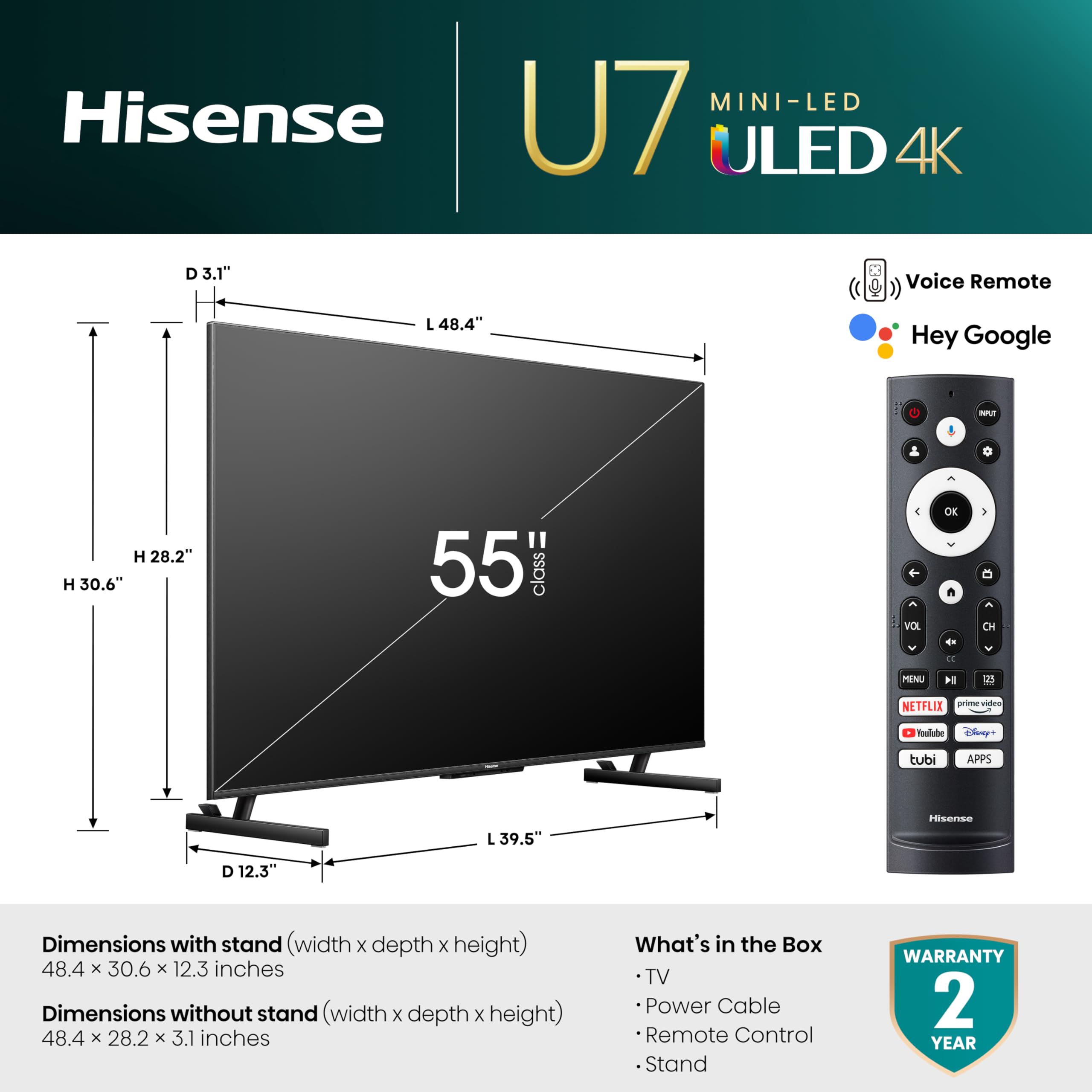 Hisense 55-Inch Class U7 Series Mini-Led Uled 4K Uhd Google Smart Tv (55U7K) - Qled, Native 144Hz, 1000-Nit, Dolby Vision Iq, Fu