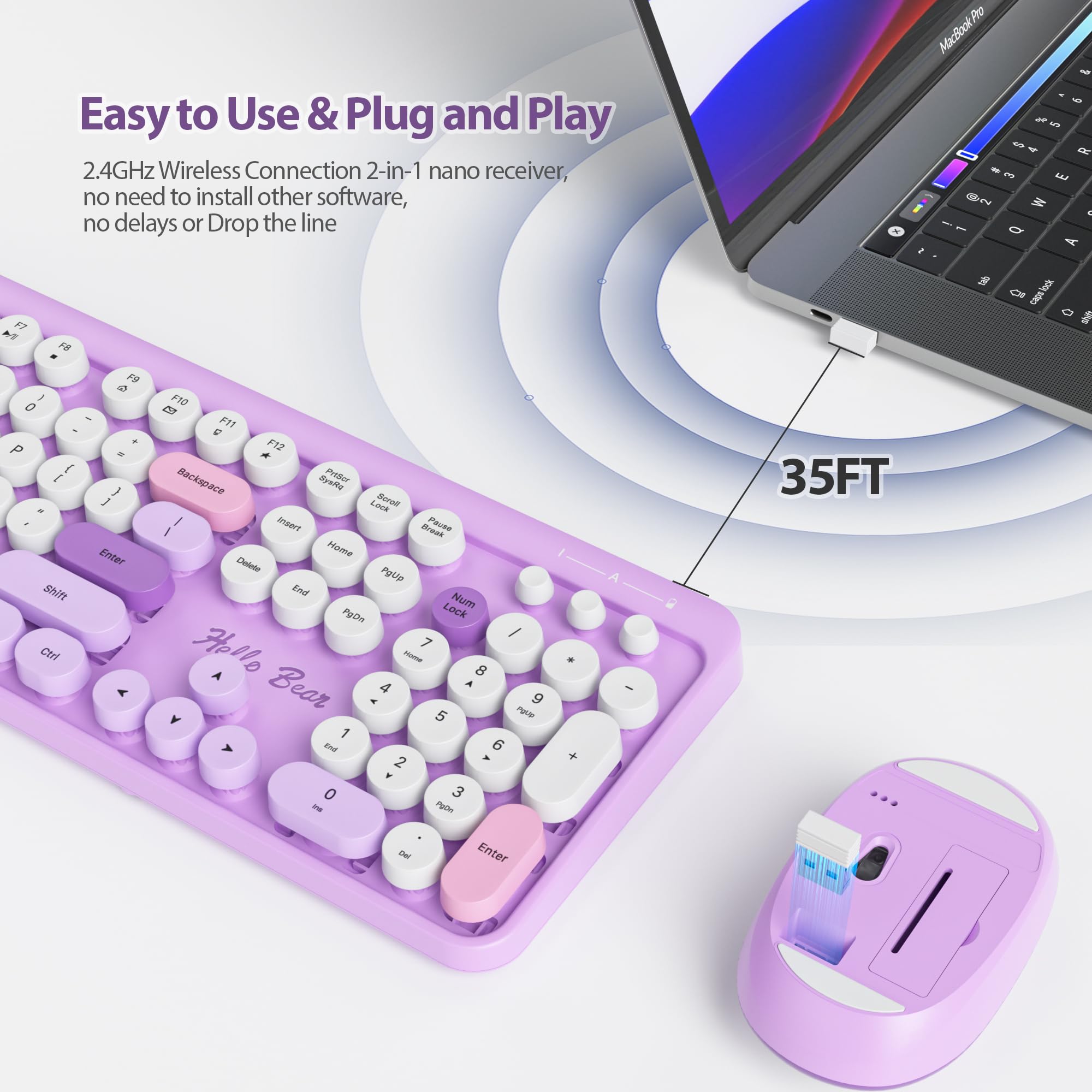 Fogruaden Wireless Keyboard And Mouse Combo 2.4Ghz Retro Typewriter Keyboard, 104 Keys Full Size Round Keycap Cute Keyboard And