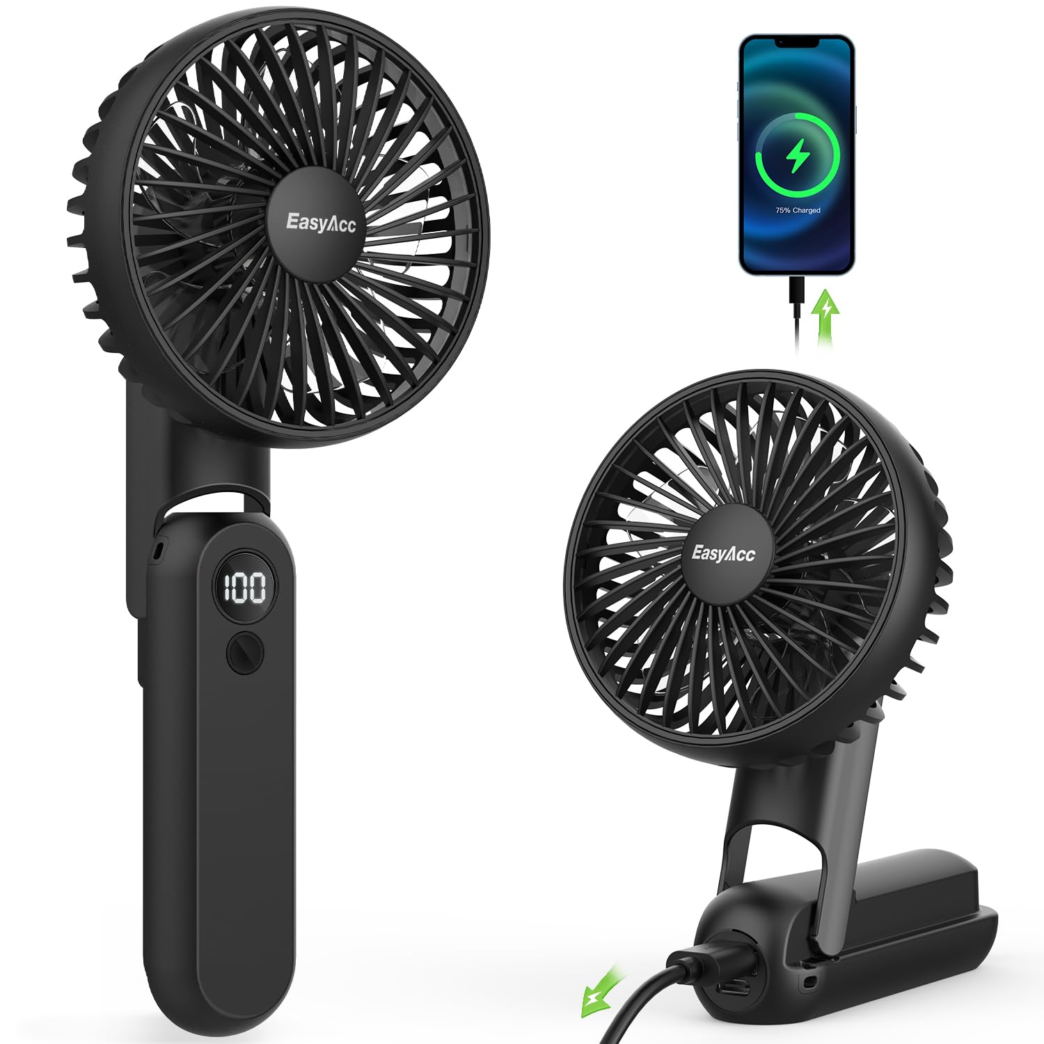 EasyAcc Portable Handheld Fan,4000 Battery Portable for Travel [Ultra Quiet Powerful] 5 Speed Backup Power Digital Display Lanya