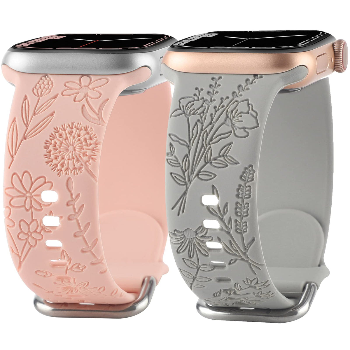 Flower Engraved Silicone Band Compatible With Apple Watch Bands 38Mm 40Mm 41Mm, Cute Women Wildflowers Floral Design Soft Sport Strap Replacement Wristbands For Iwatch Series 8 7/Se/6/5/4/3/2/1