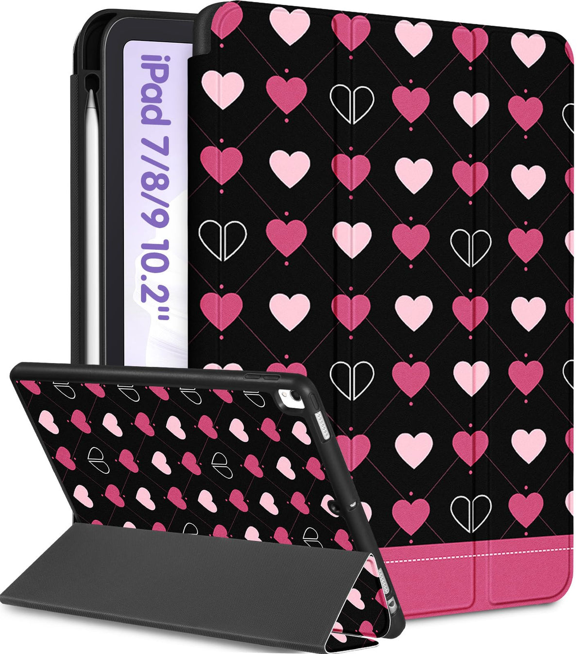 Uppuppy For Ipad 9Th/8Th/7Th Generation Case 10.2 Inch Girls Cute Kids Women Folio Smart Cover Pencil Holder Heart Aesthetic Des