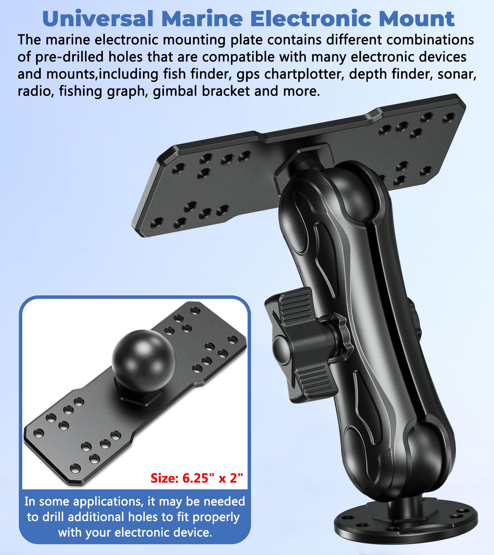 Vazeswin Aluminum Alloy Fish Finder Mount With C Size 1.5'' Ball Rectangle Plate & Round Base, 5.7'' Medium Arm Marine Electroni