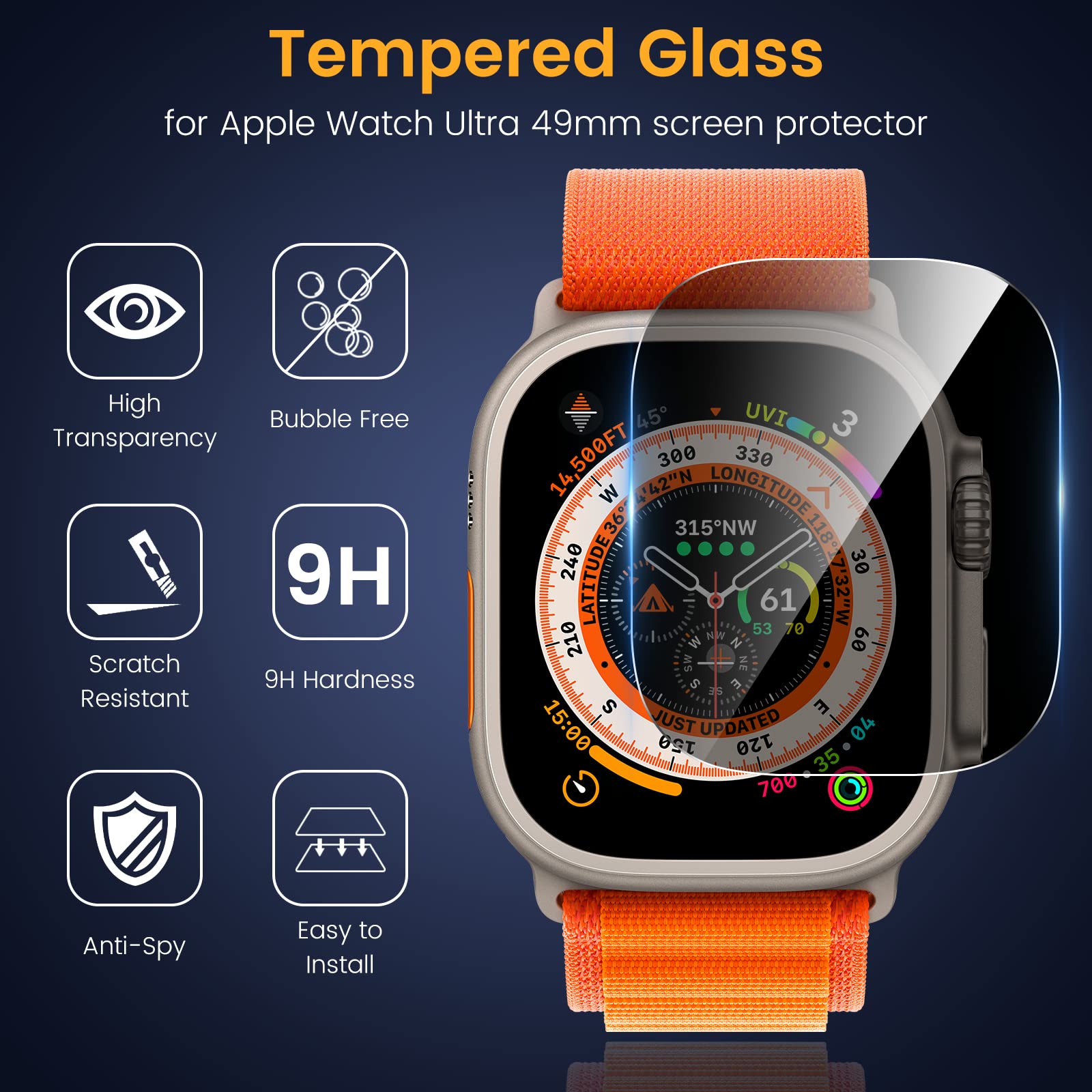 Ewuonu [3 Pack Privacy Screen Protector For Apple Watch Ultra 2/Ultra 49Mm Accessories, Anti Peep Tempered Glass Screen Protecto