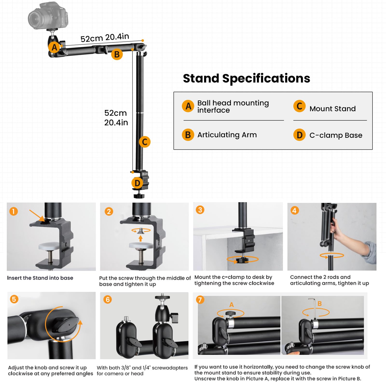 Tarion Desk Camera Mount Stand Heavy Duty Articulated Camera Arm Articulating Table Mount Camera Stand Adjustable Flexible Gear Joints Tka01 L
