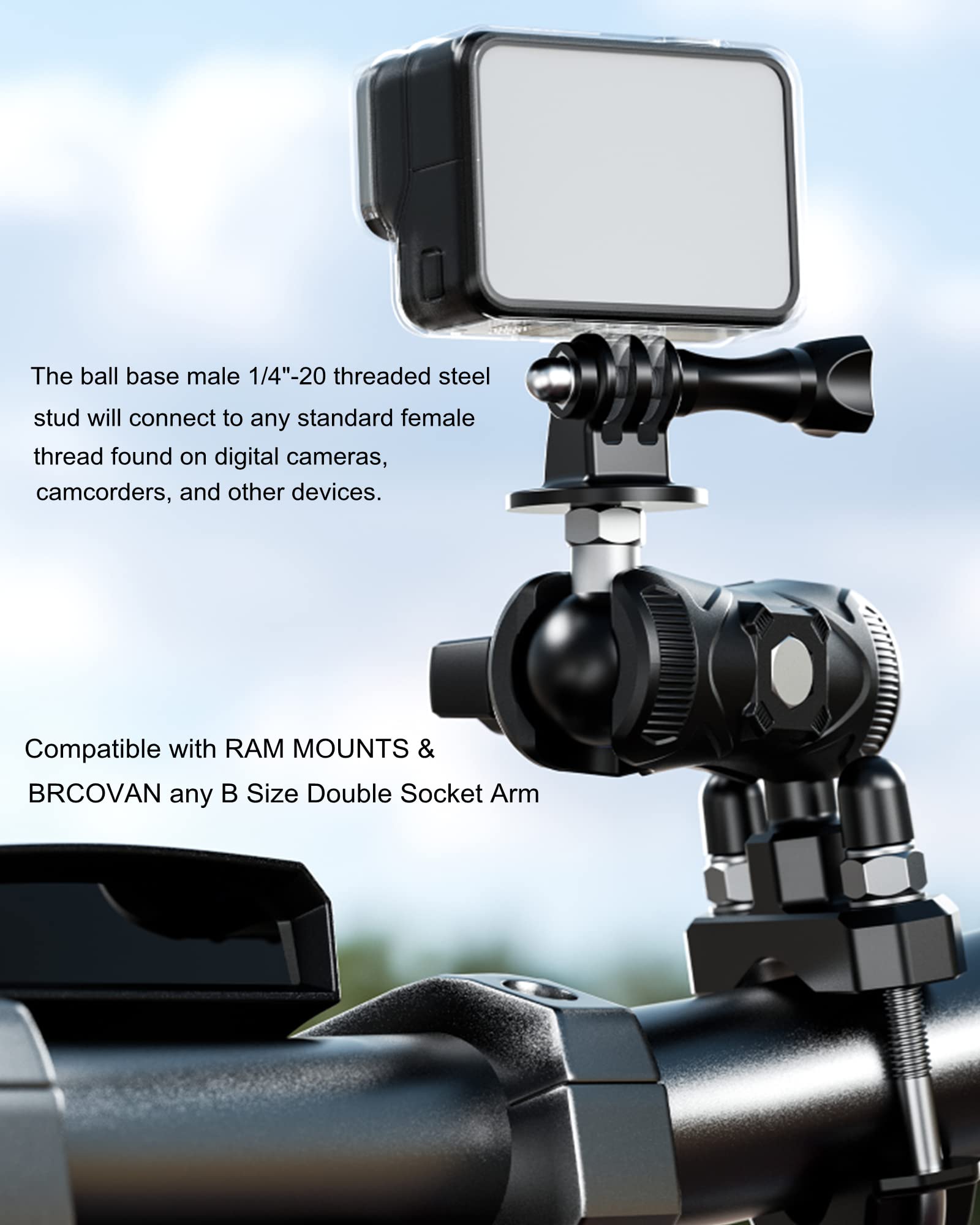 Brcovan 2 Pack, 1'' Ball Adapter With 1/4' 20 Threaded Post For Action Camera & Camcorder, Compatible With Ram Mounts B Size 1 Inch Ball Double Socket Arm