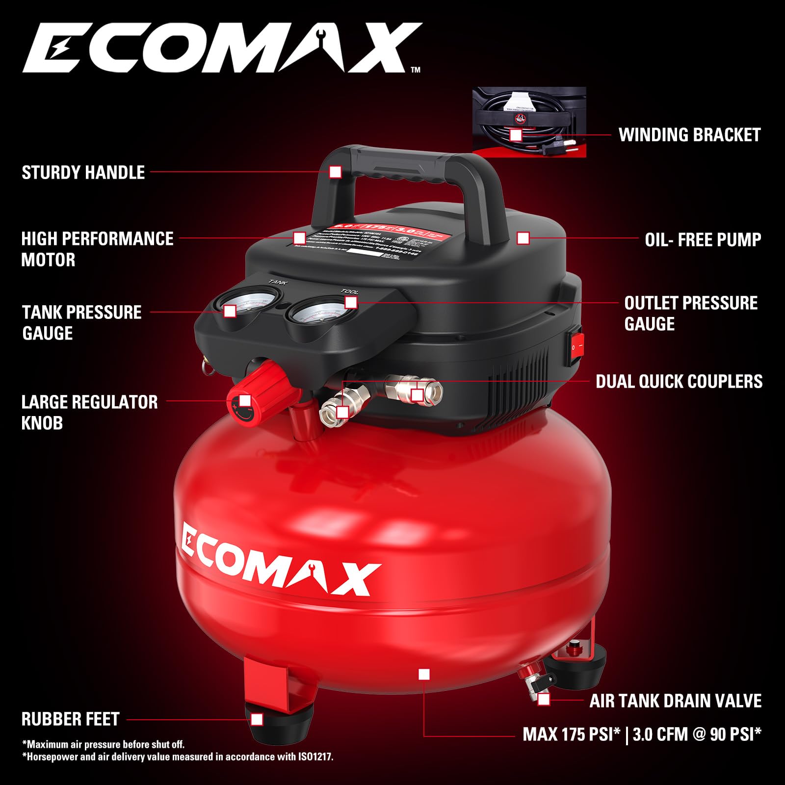 Ecomax Air Compressor 6 Gallon 175 Psi Pancake Portable Oil Free Tank With 10 Pcs Accessories Kit