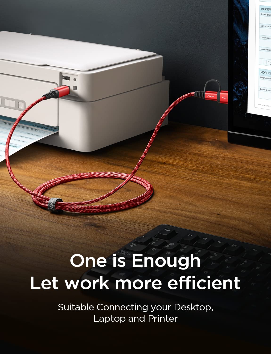 Ainope 2 In 1 Usb Printer Cable High Speed [6.6Ft Red] Usb B To Usb C Printer Cord For Macbook Pro/Air, Hp Canon Dell Epson Brot