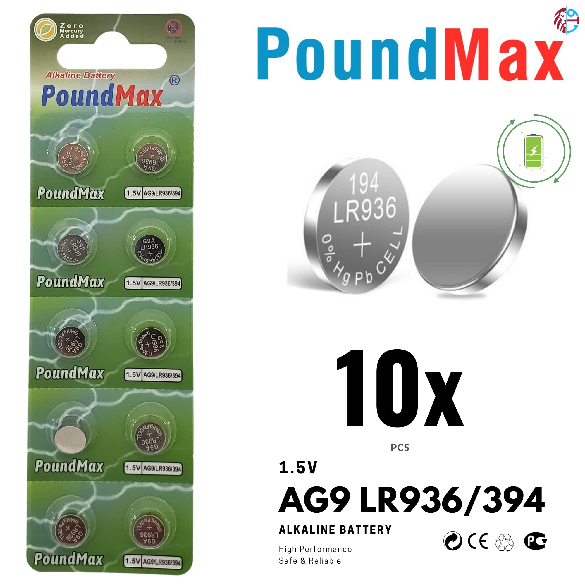 Poundmax Ag9 Lr936/394 Batteries 1.5V Alkaline Button Cell Battery - 10 Count