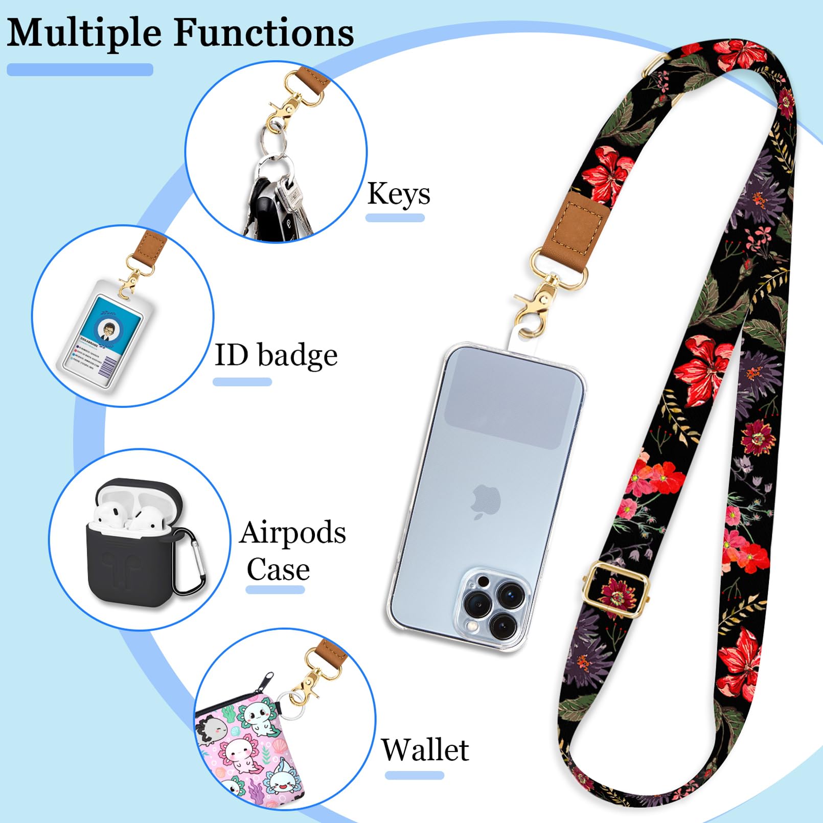 Cell Phone Lanyard Crossbody With Wrist Strap, Flower Phone Lanyards For Around The Neck Wristlet Adjustable Phone Strap, Floral