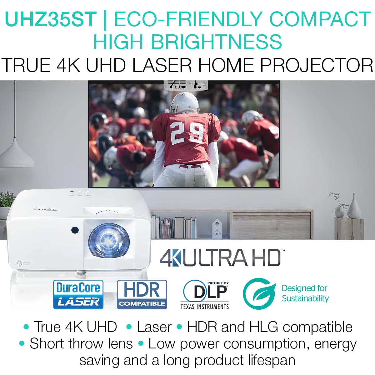 Optoma Uhz35St Compact Short Throw Laser Home Theater And Gaming Projector, 4K Uhd Laser, High Bright 3,500 Lumens