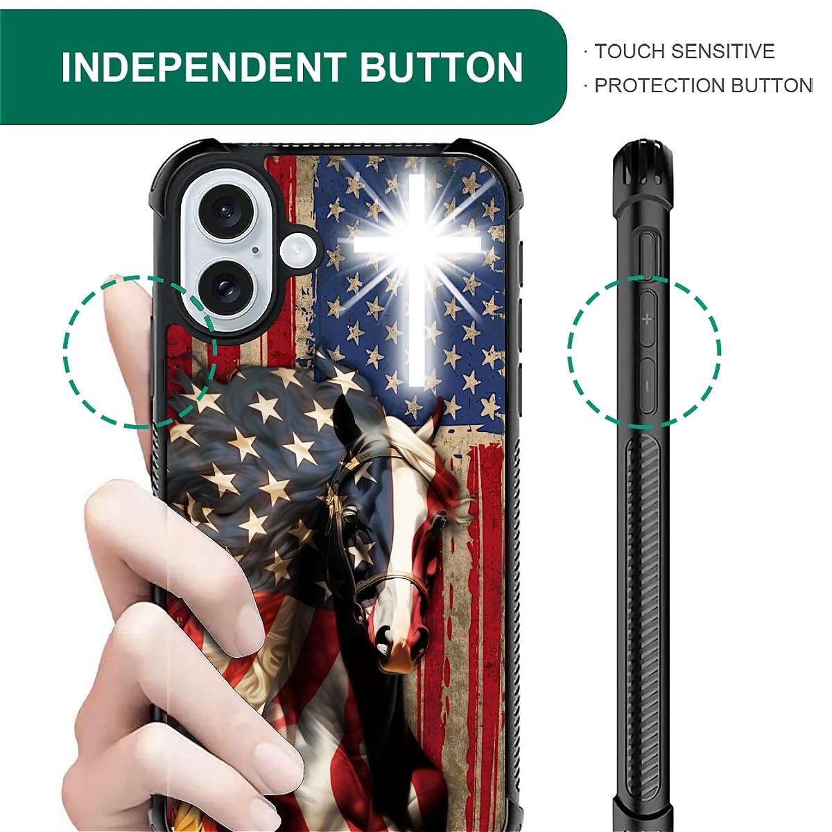 Fkbrcl4U For Iphone 16 Case, Red American Flag Horse Cross Pattern Graphic Design Girl Boy Soft Silicone Hard Acrylic Shock Prot