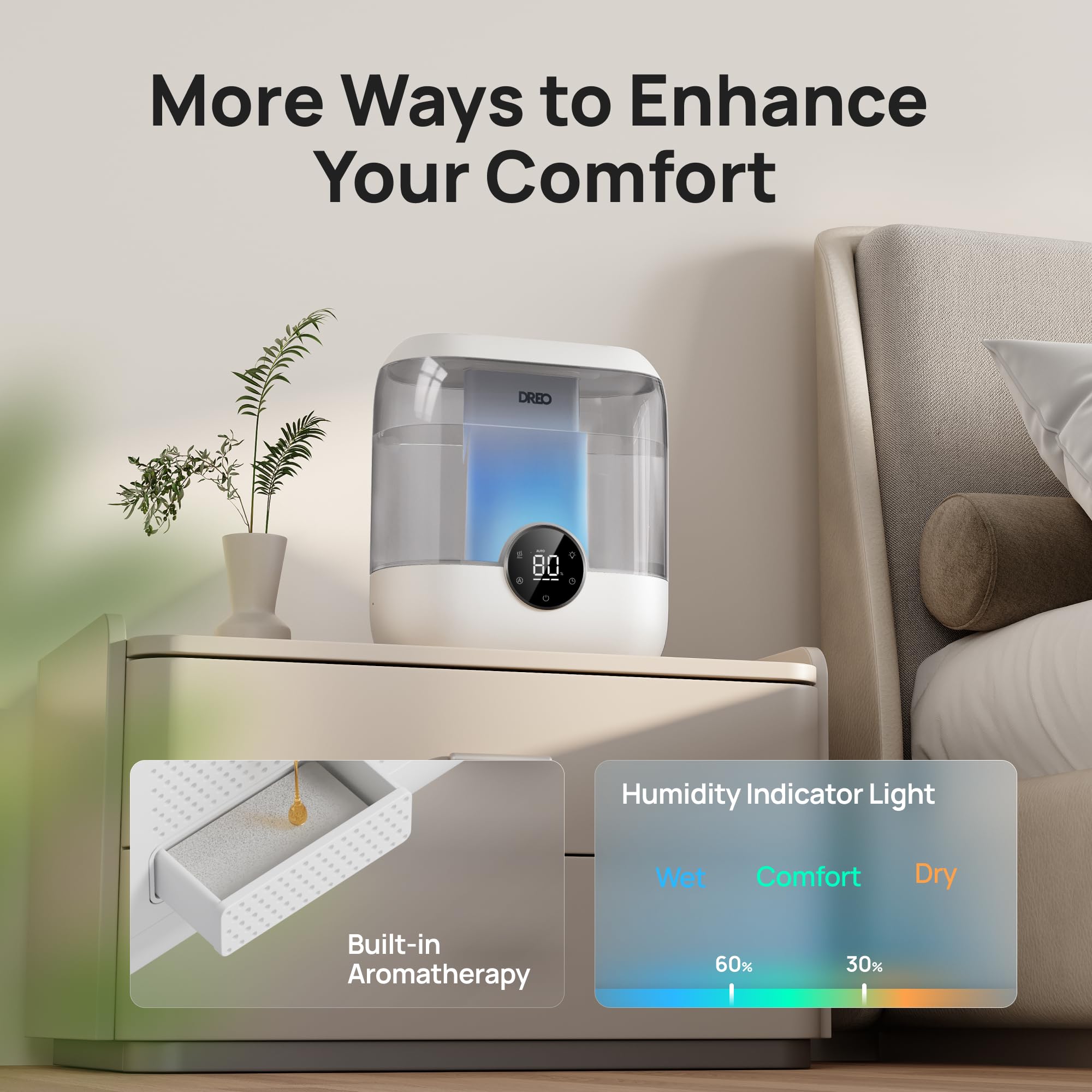 Dreo 6L Humidifiers For Bedroom, Quiet Supersized Cool Mist Ultrasonic Humidifier With Diffuser, 60 Hour Runtime For Home, Nurse