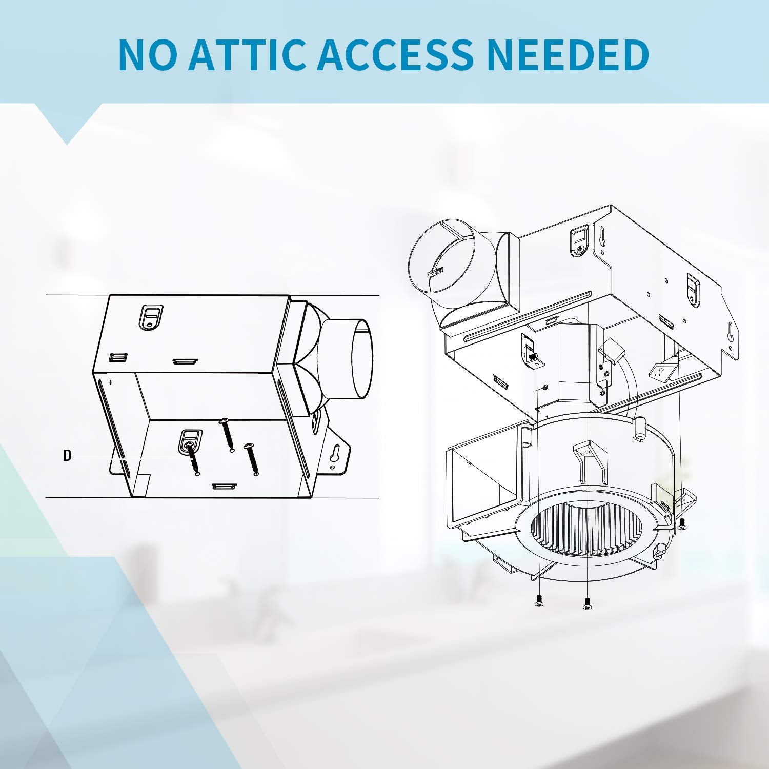 Tech Drive Bathroom Fan 50 Cfm, 1.0Sone Dc Motor With No Attic Access Needed Installation,Very Quiet Ventilation And Exhaust Fan