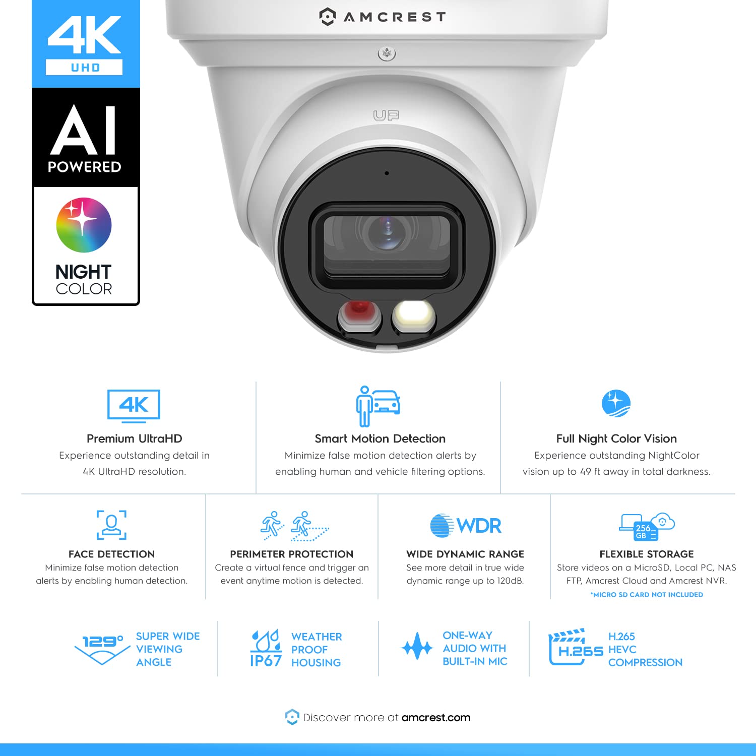 Amcrest Ultrahd 4K (8Mp) Ip Poe Ai Camera, 49Ft Nightcolor, Security Outdoor Turret Camera, Built In Microphone, Human Detection
