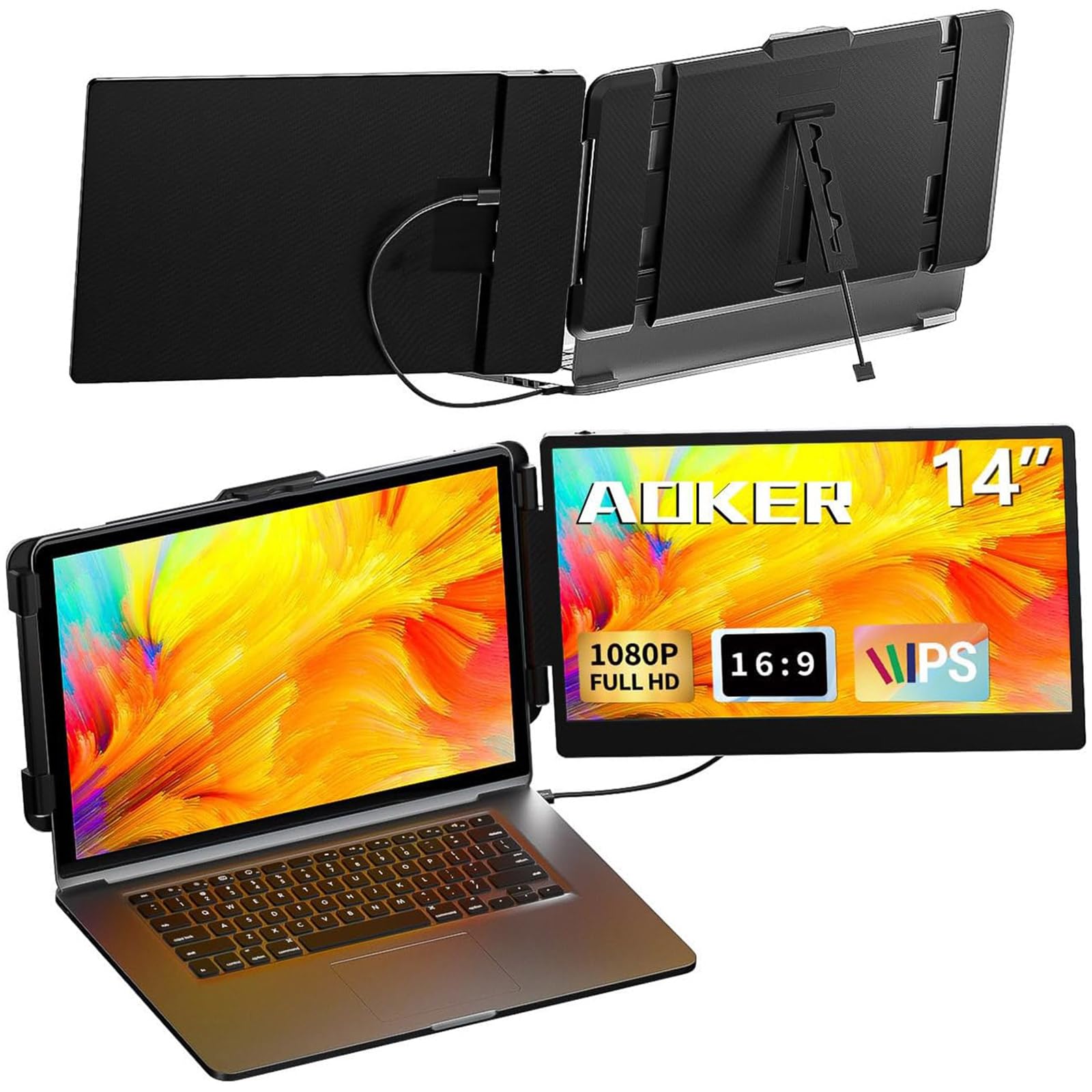 Aoker Laptop Screen Extender Monitor   14 Inch Portable Ips Fhd 1080P Hdmi/Usb A/Type C Dual Extended Monitor For Laptops (Maxim