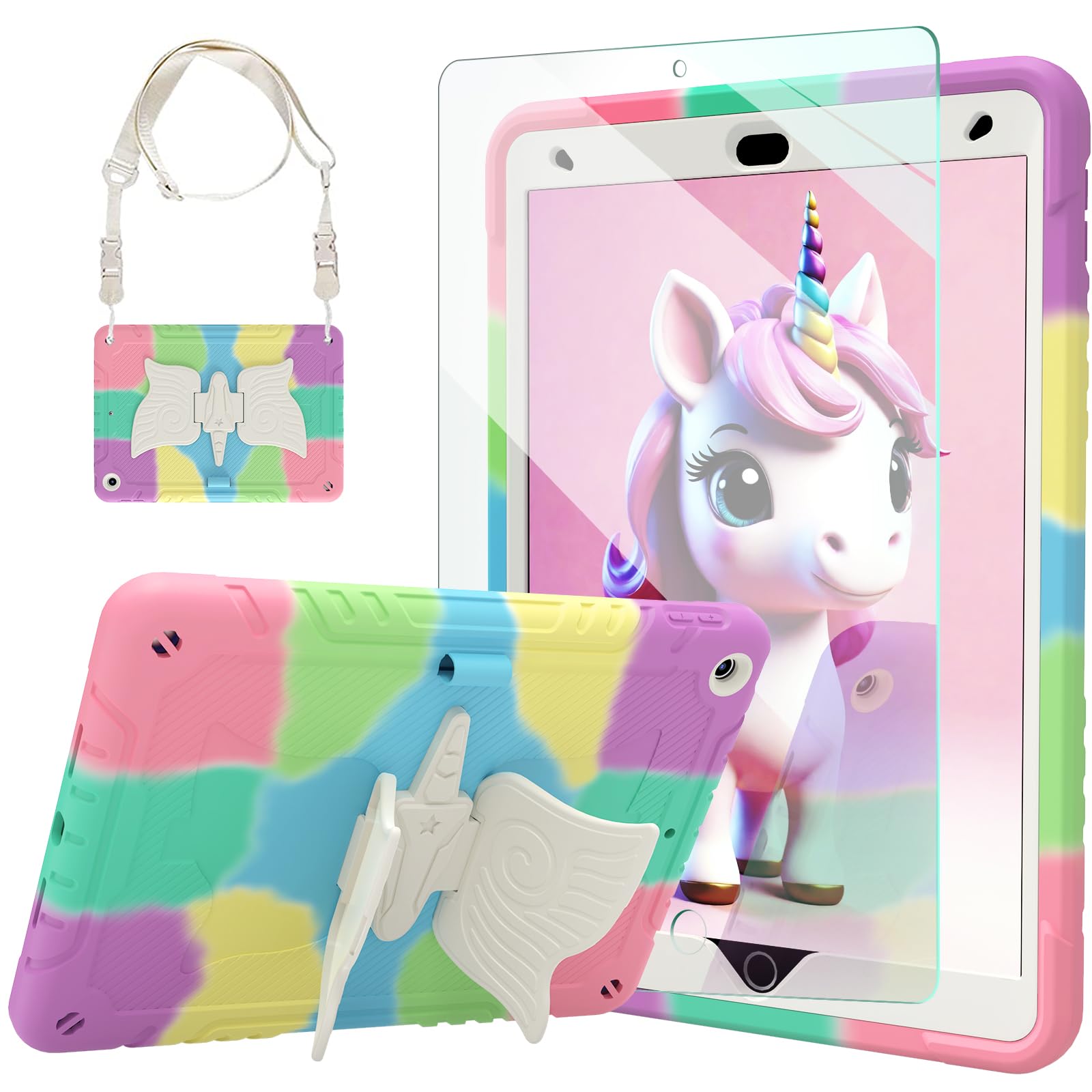 Ambison Case For Ipad 9Th/8Th/7Th Generation 10.2 Inch With Glass Screen Protector,Rugged Shockproof Protective Cover For Kids Girls Unicorn Stand,Shoulder Strap For Ipad 2021/2020/2019 Multipuple