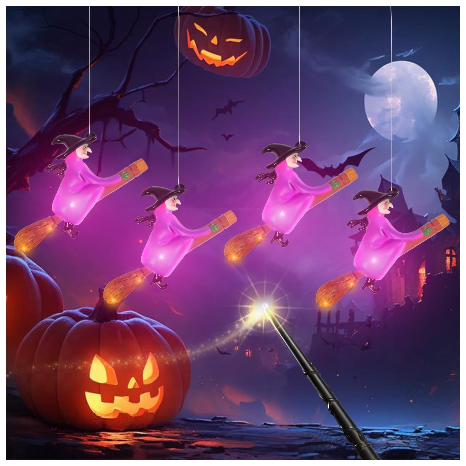 Halloween Decorations Flameless Candles With Witch Flying On Broomsticks, Hanging Led Light Flying Witch Remote By Magica Wand,