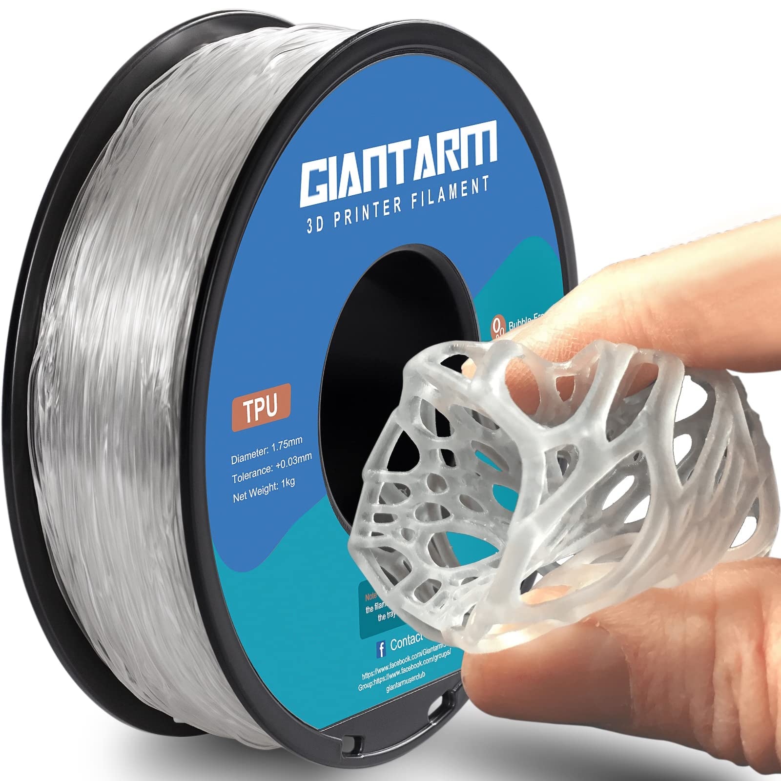 Giantarm Tpu Filament, 95A Tpu Filament 1.75Mm, Dimensional Accuracy +/  0.03, Flexible Soft 3D Printer Filament 1Kg Spool(2.2 L