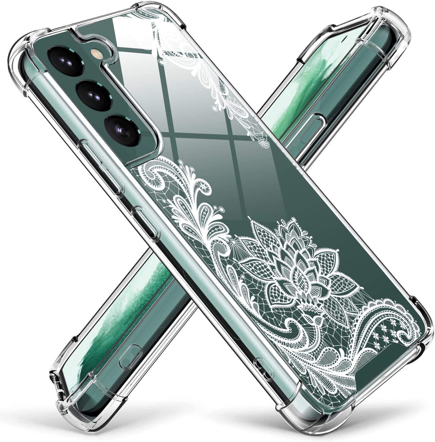 Kiomy Crystal Clear Case With Lace Flowers Design For Samsung Galaxy S22+ Plus 5G 6.6 Inch Hybrid [Hard Pc] Back + Flexible Tpu