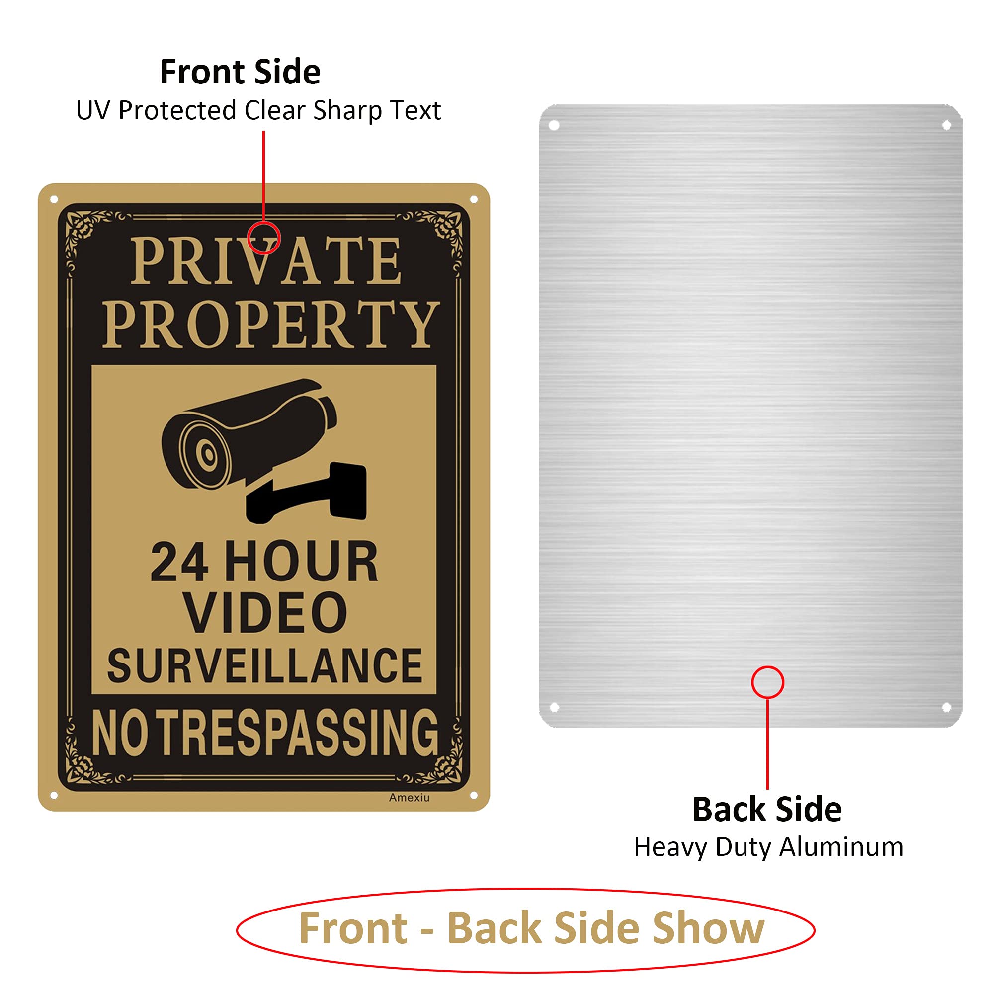 2 Pack Large Private Property No Trespassing Sign   24 Hours Video Surveillance Warning Sign | 14'' X 10'' Rust Free Aluminum Ea