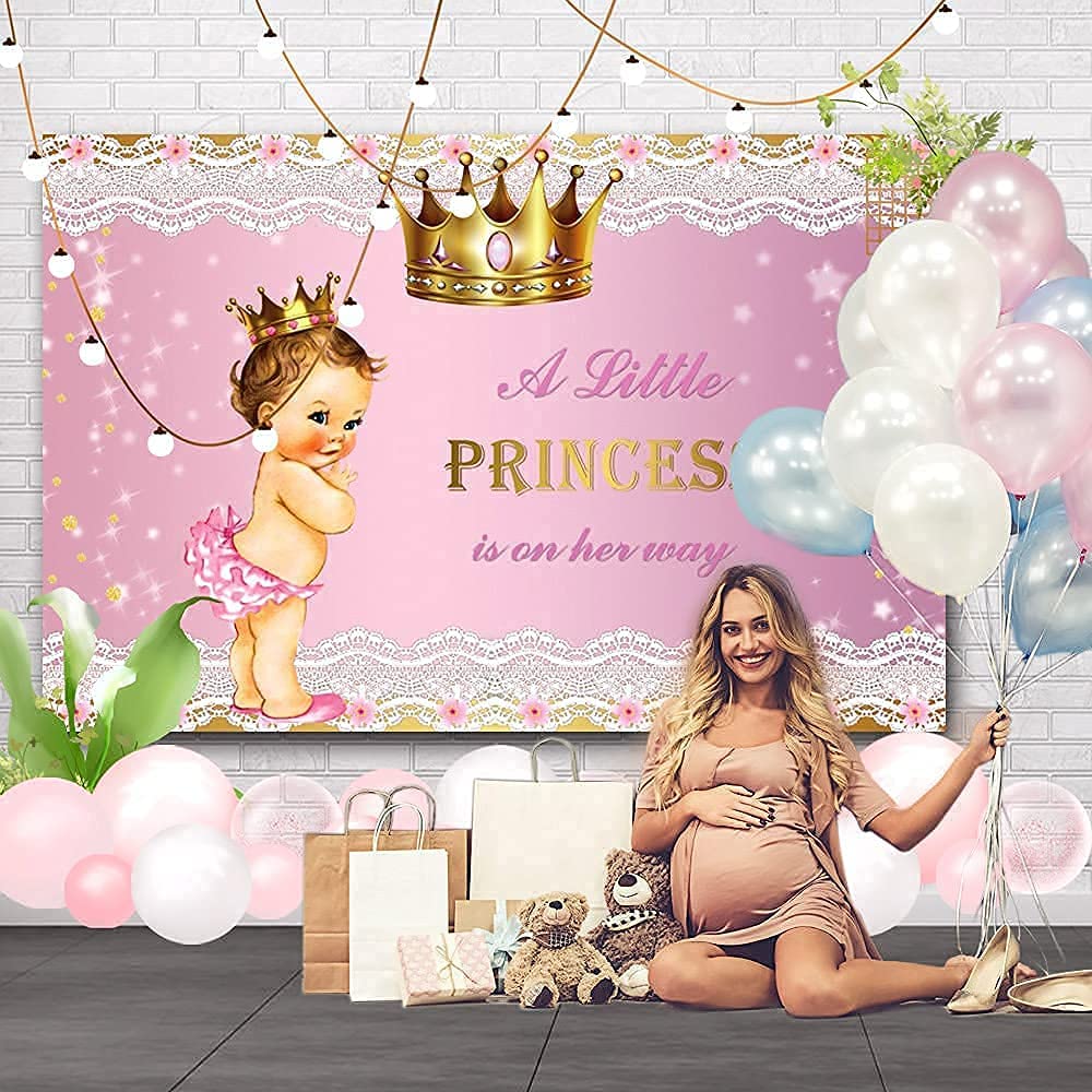 Ofila Princess Baby Shower Decoration Backdrop 7X5Ft Gold Crown Lace Pink A Little Princess Is On The Way Photography Background