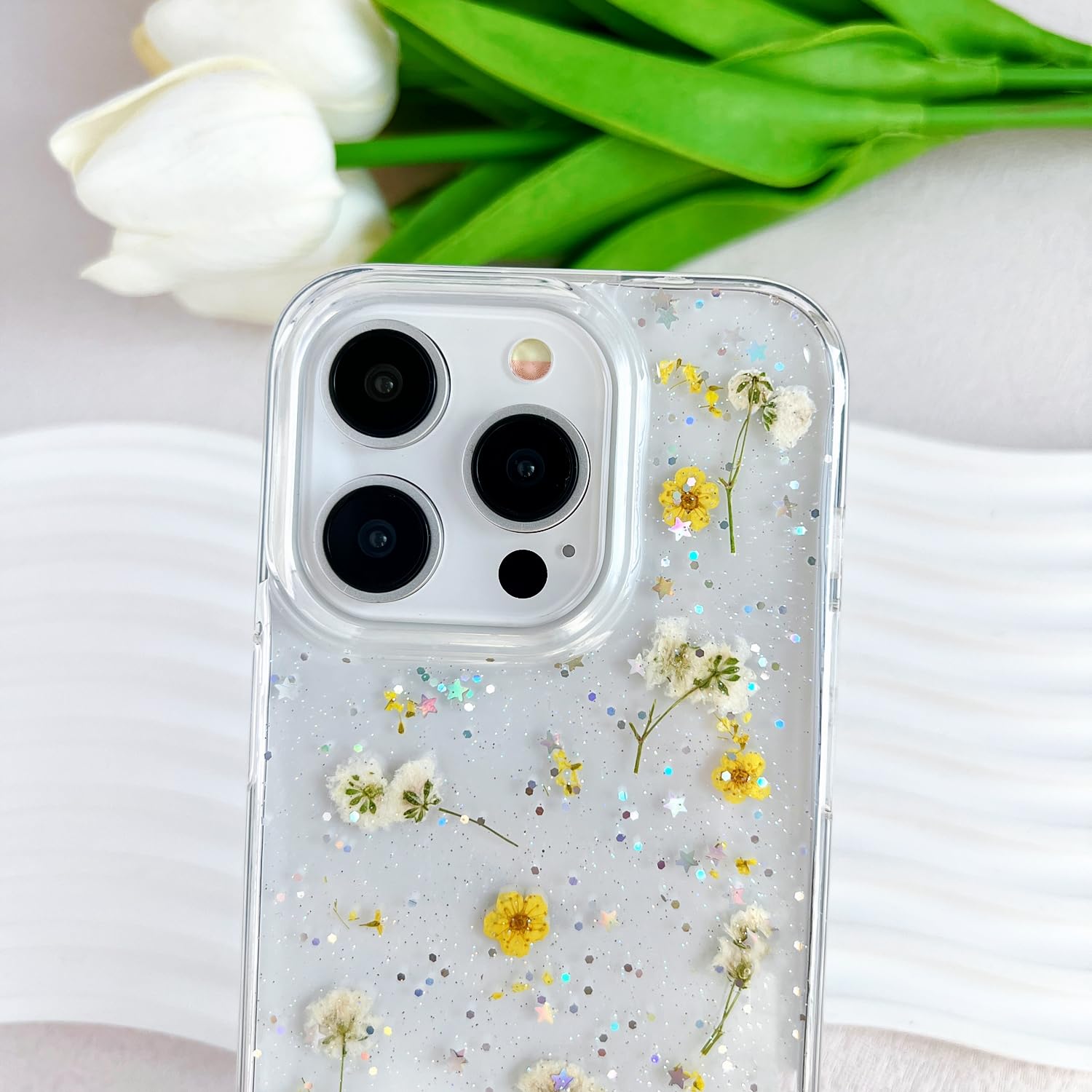 Lseeka For Iphone 15 Pro Clear Case With Pressed Real Flowers Design,Glitter Cute Yellow Floral Pattern Slim Soft Tpu Protective
