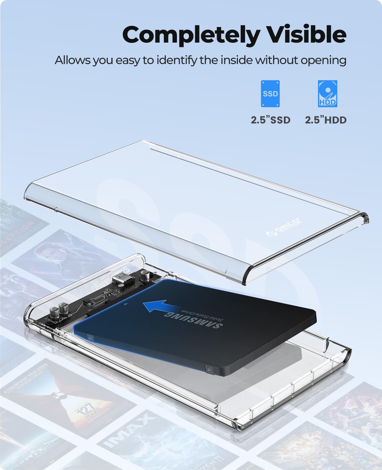 Orico 2.5 Inch Hard Drive Enclosure Sata To Usb C 3.1 6Gbps External Hard Drive Case For 7/9.5Mm Hdd/Ssd Support Uasp Up To 6Tb