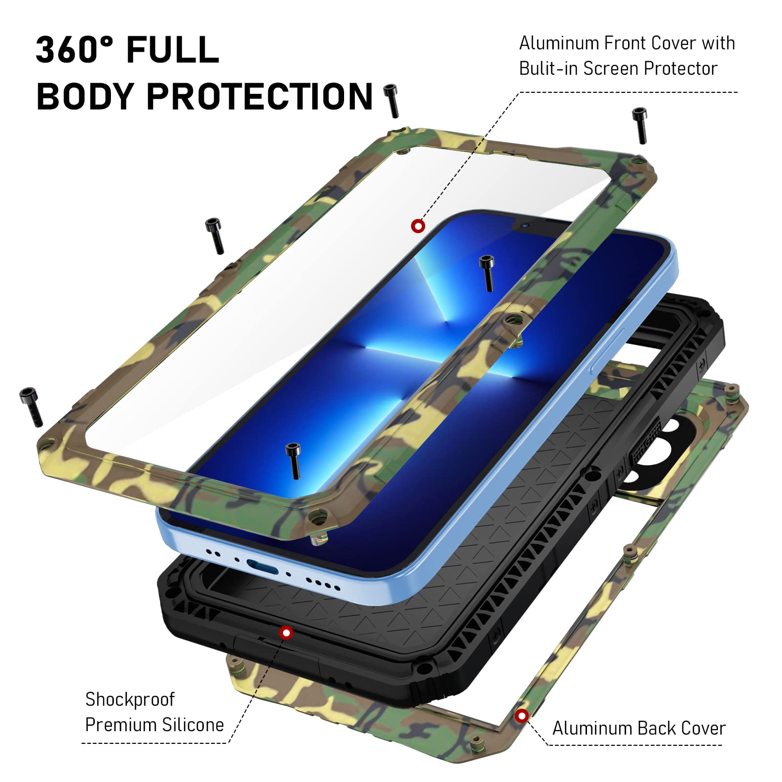Beasyjoy iPhone 13 Pro Max Waterproof Heavy Duty Phone Case with Built-in Screen Protector Metal Camo 6.7 inch