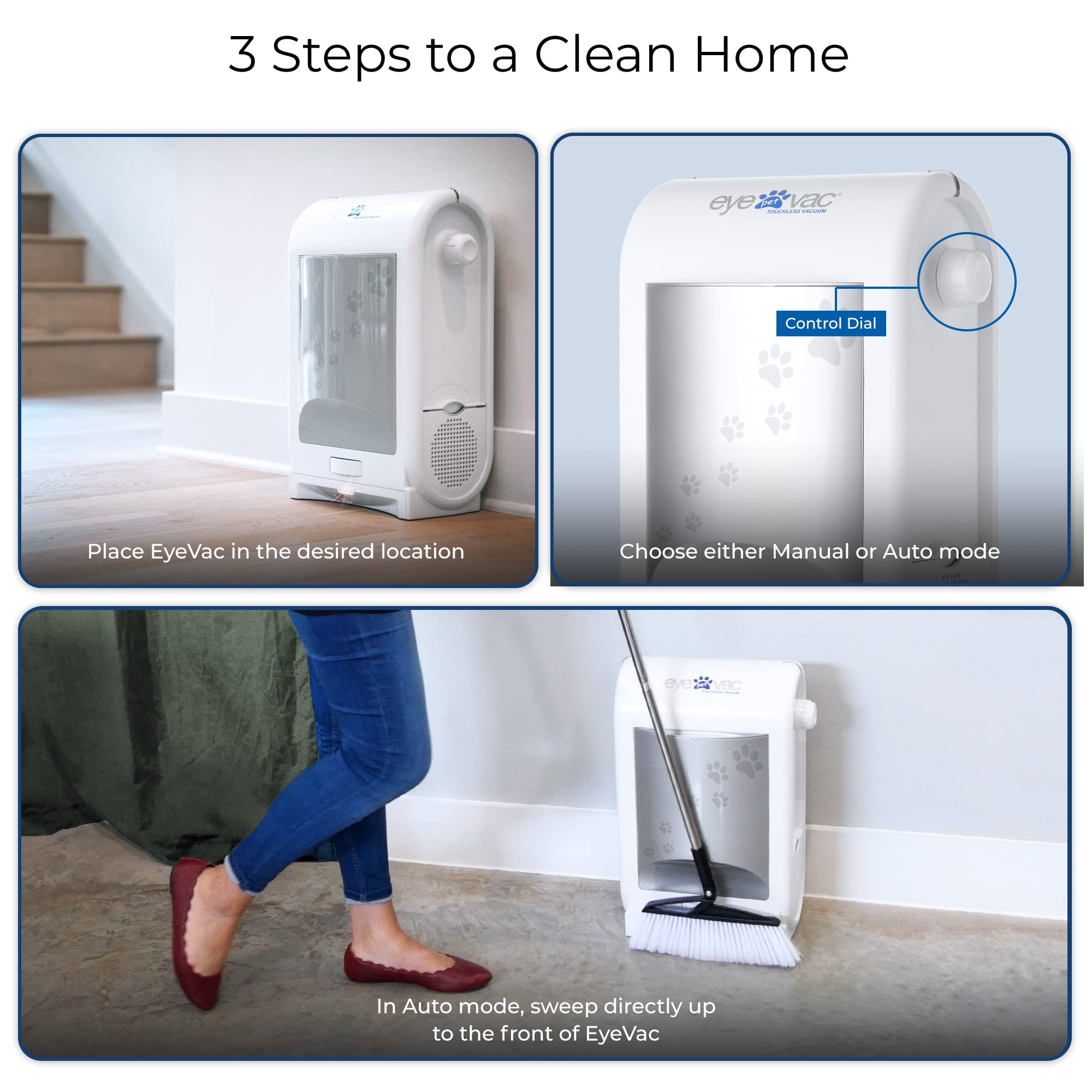 Eyevac Pet Touchless Vacuum Automatic Dustpan   Ultra Fast & Powerful   Great For Sweeping Cat Dog Pet Hair Food Dirt Kitchen, C