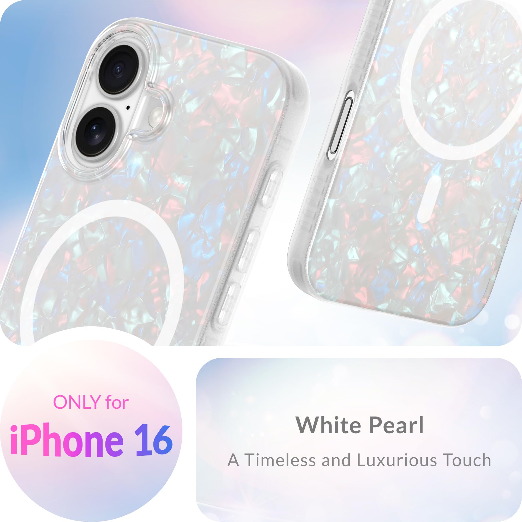 Lonli Hue   Iphone 16 Magnetic Case [Compatible With Magsafe]   White Pearl Tort Phone Case   [360 Shock Absorbent Bumper]   Cut