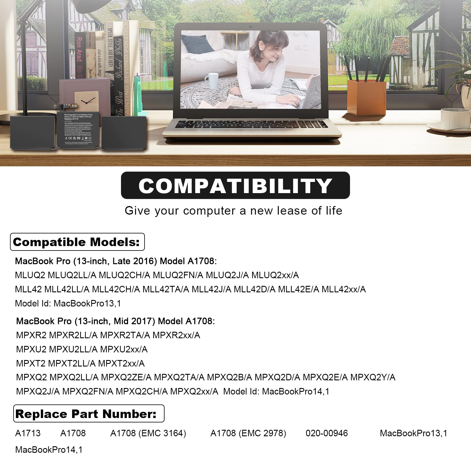 A1708 A1713 Laptop Battery Replacement For Macbook Pro 13 Inch A1708 (Late 2016, Mid 2017, Mid 2019, 2020), Emc 2978 3164, A2171