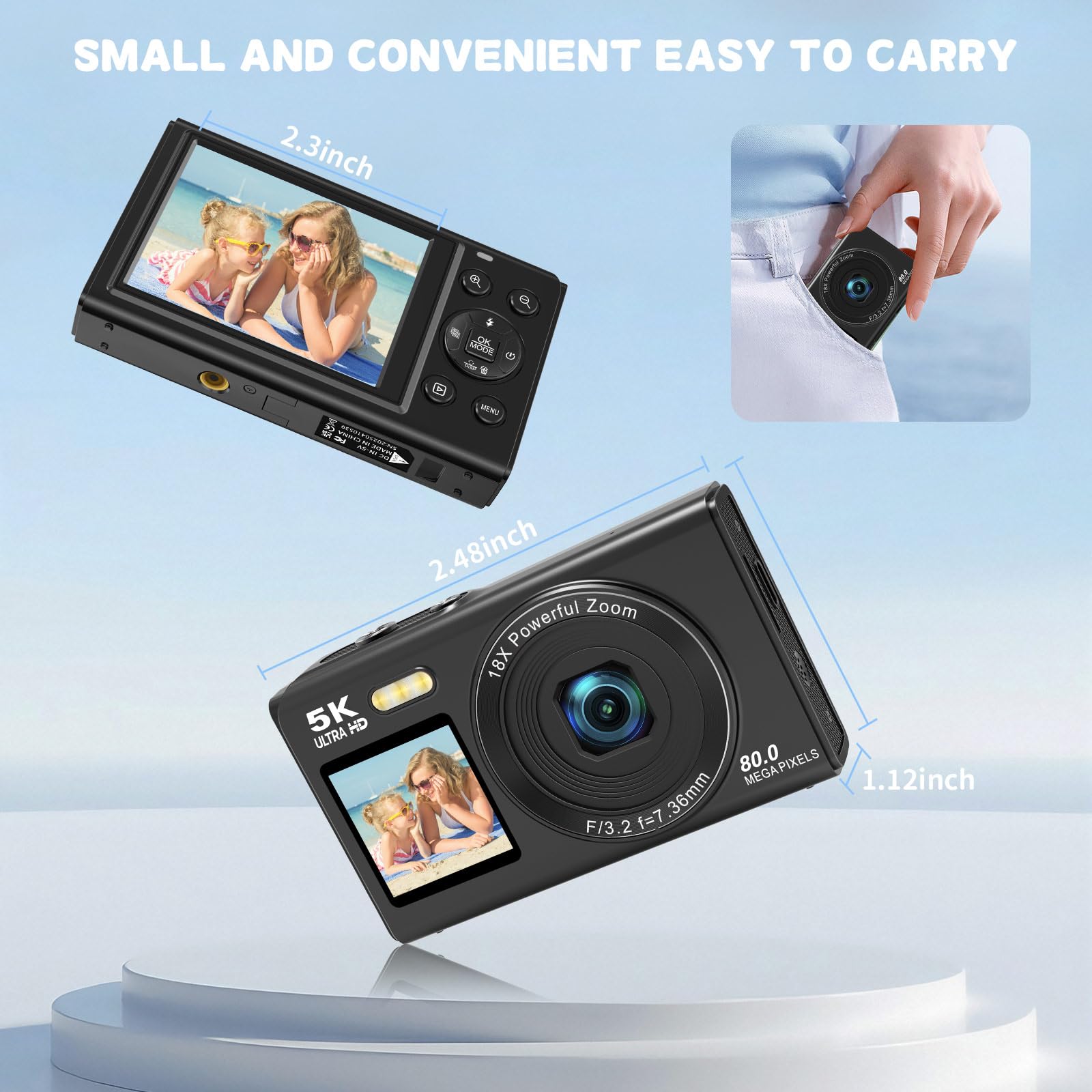 5K 80Mp Digital Camera With Fill Light & 16X Zoom - Dual Screen Vlogging Camera For Youtube/Blogging, Wifi, 32Gb Tf Card, 2 Batt
