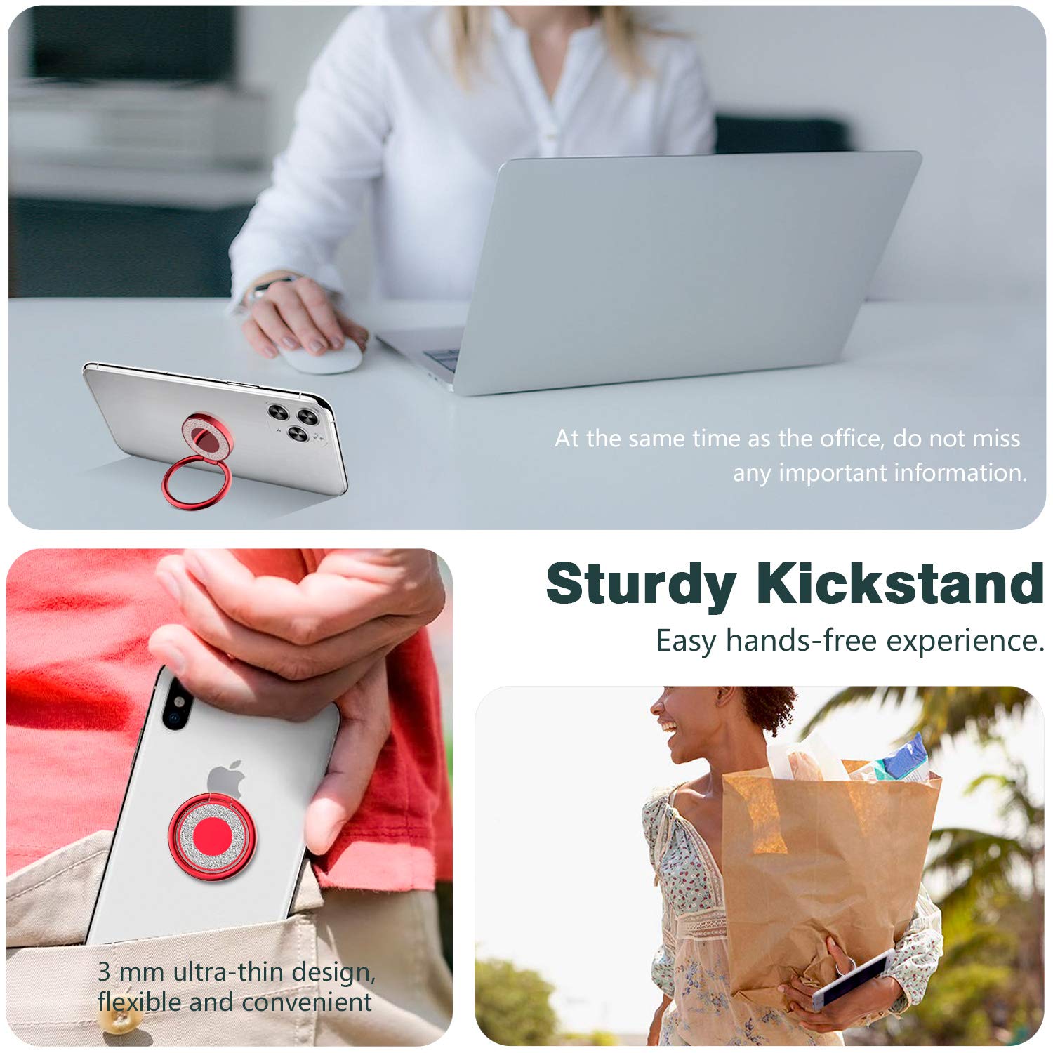 Phone Ring Holder Finger Kickstand, 360 Rotation Phone Ring Grip, Compatible With Smartphone (Red)