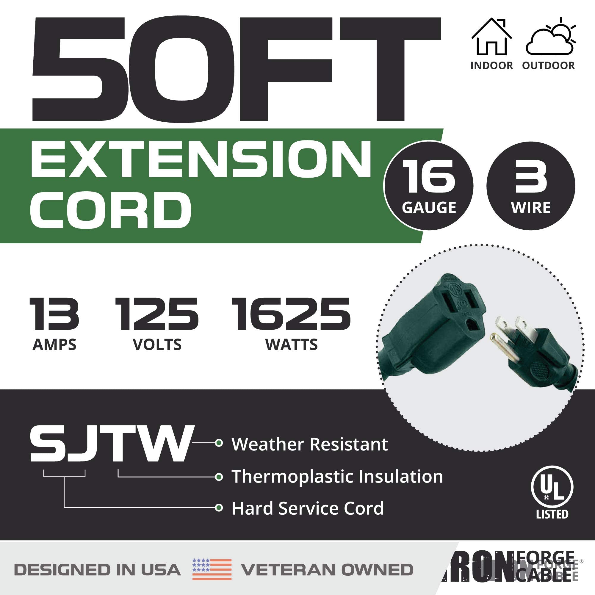 Iron Forge Cable Weatherproof Outdoor Extension Cord 50 Ft, 16/3 Sjtw Heavy Duty Green Extension Cord 3 Prong, 13 Amp Exterior Power Cable Great For Lawn & Landscaping   Us Veteran Owned