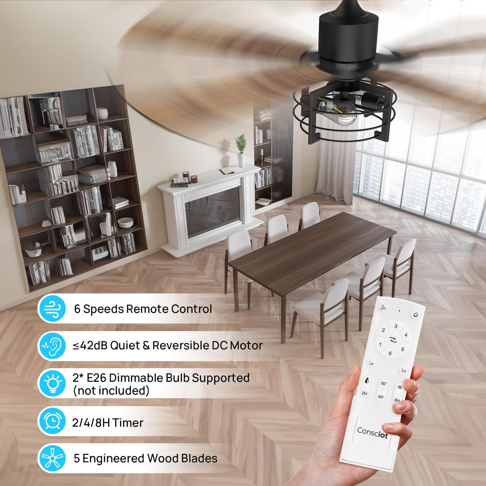 Consciot 52 Inch Ceiling Fans With Lights Remote, Modern Farmhouse Caged Ceiling Fan, Reversible Motor, 5 Double Finish Wood Bla