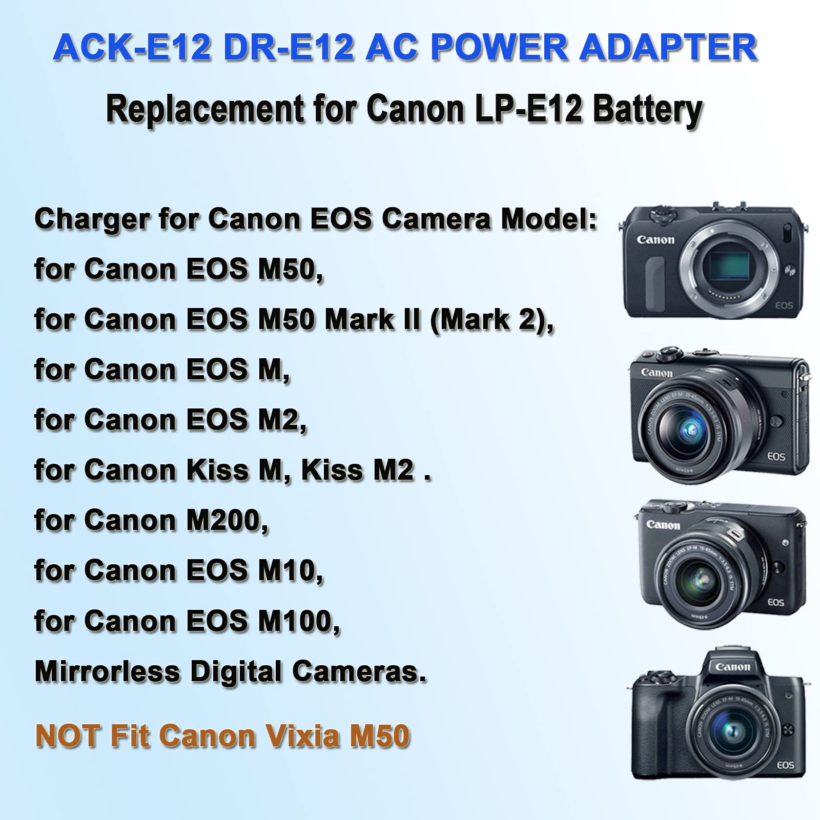 Tkdy Ack E12 Power Supply Lp E12 Eos M50 M200 Dummy Battery Dr E12 Dc Coupler Ac Adapter Kit, Fit For Canon Eos M200, M50, M50 Mark Ii, M100, M M2 M10, Kiss M, Kiss M2 Digital Cameras.