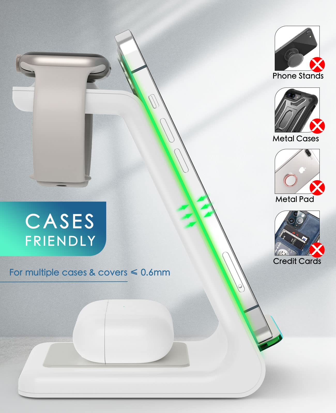 Wireless Charging Station,3 In 1 Fast Charging Station,Wireless Charger Stand For Iphone 14/13/12/11 Pro Max/X/Xs Max/8/8 Plus,