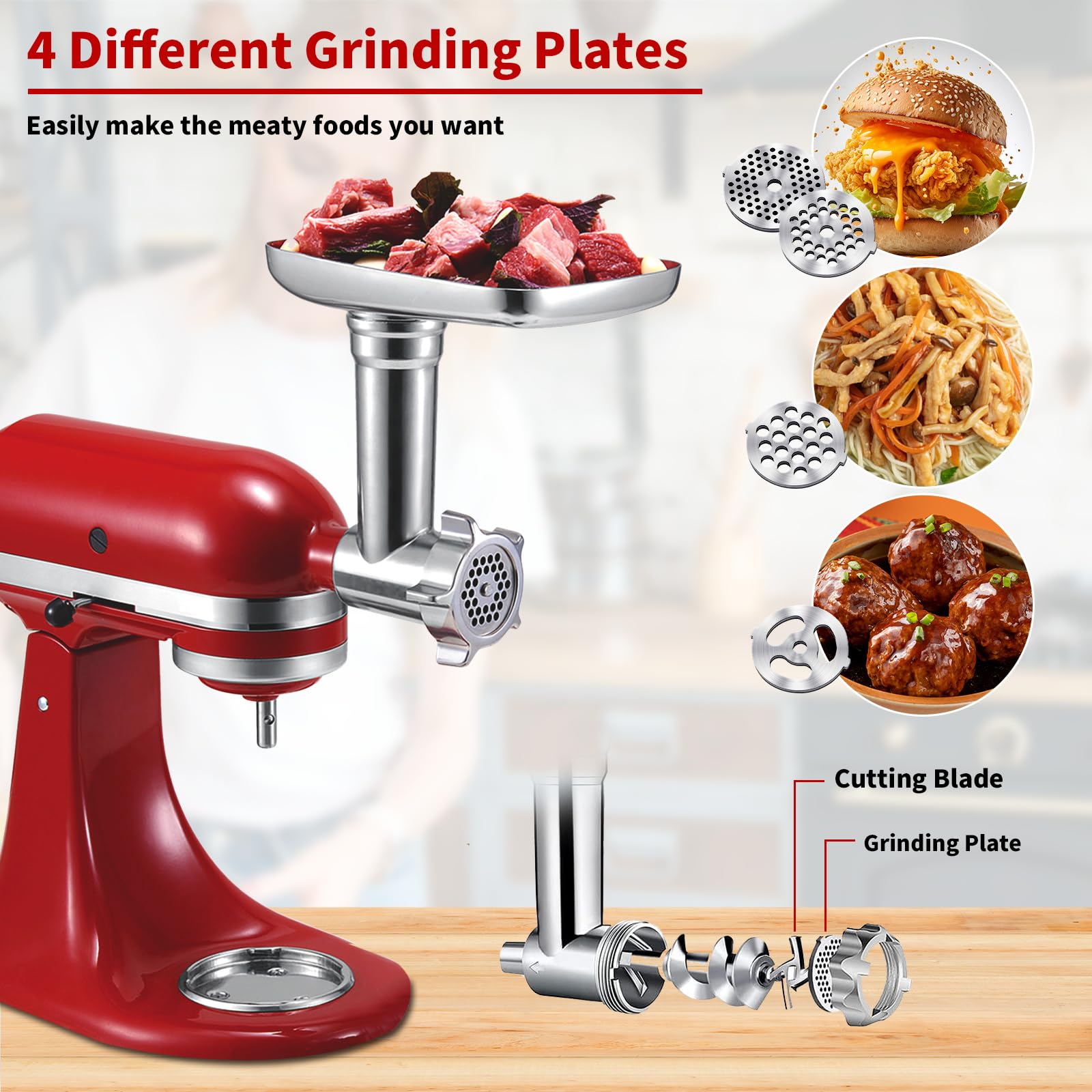 Meat Grinder&Slicer Shredder Attachments For Kitchenaid Stand Mixer, Metal Food Grinder With Sausage Stuffer Tubes, Cheese Grate