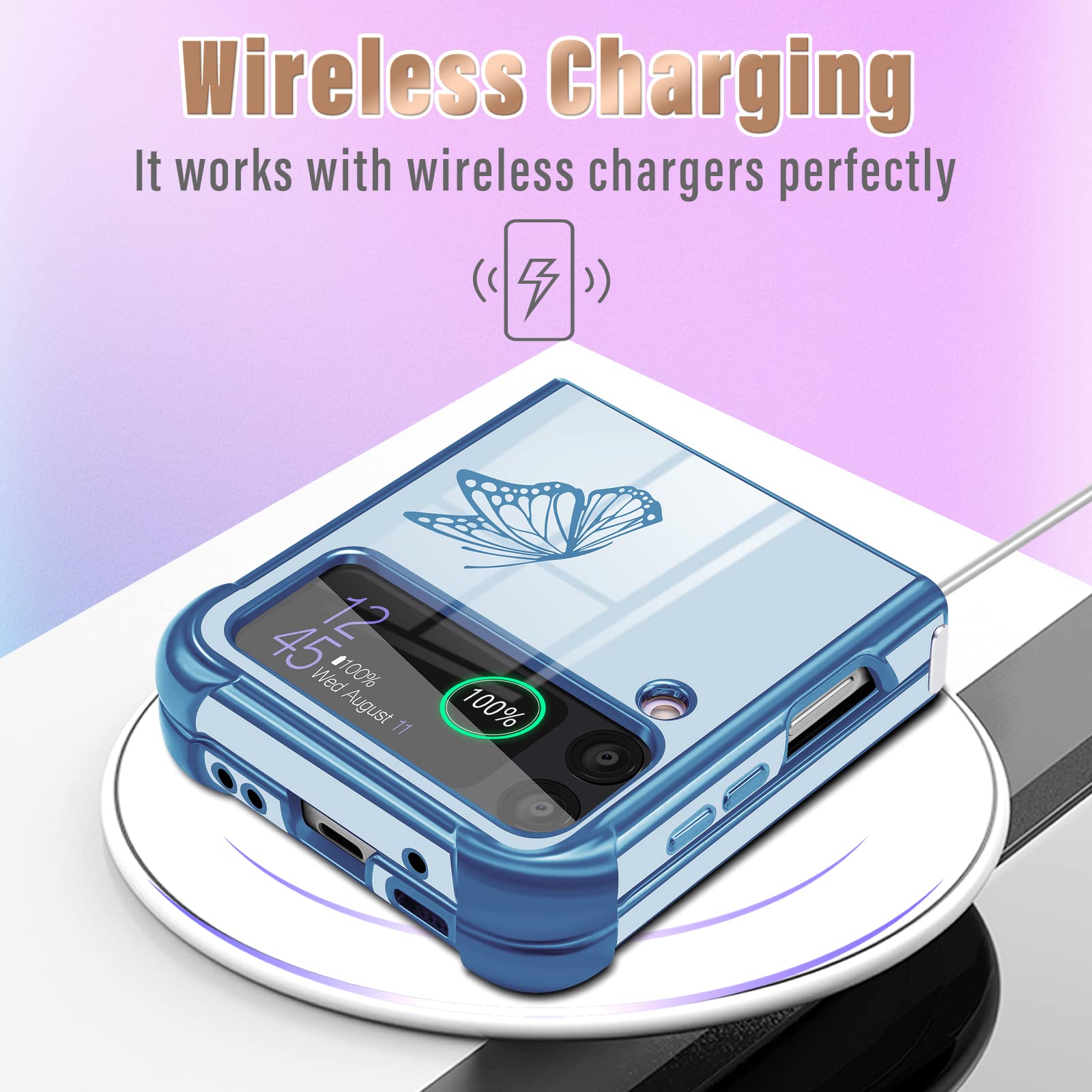 Goocrux For Samsung Galaxy Z Flip 3 Case Butterfly For Women Girls Girly Pretty Phone Cases Cute Blue Butterflies Pattern Platin