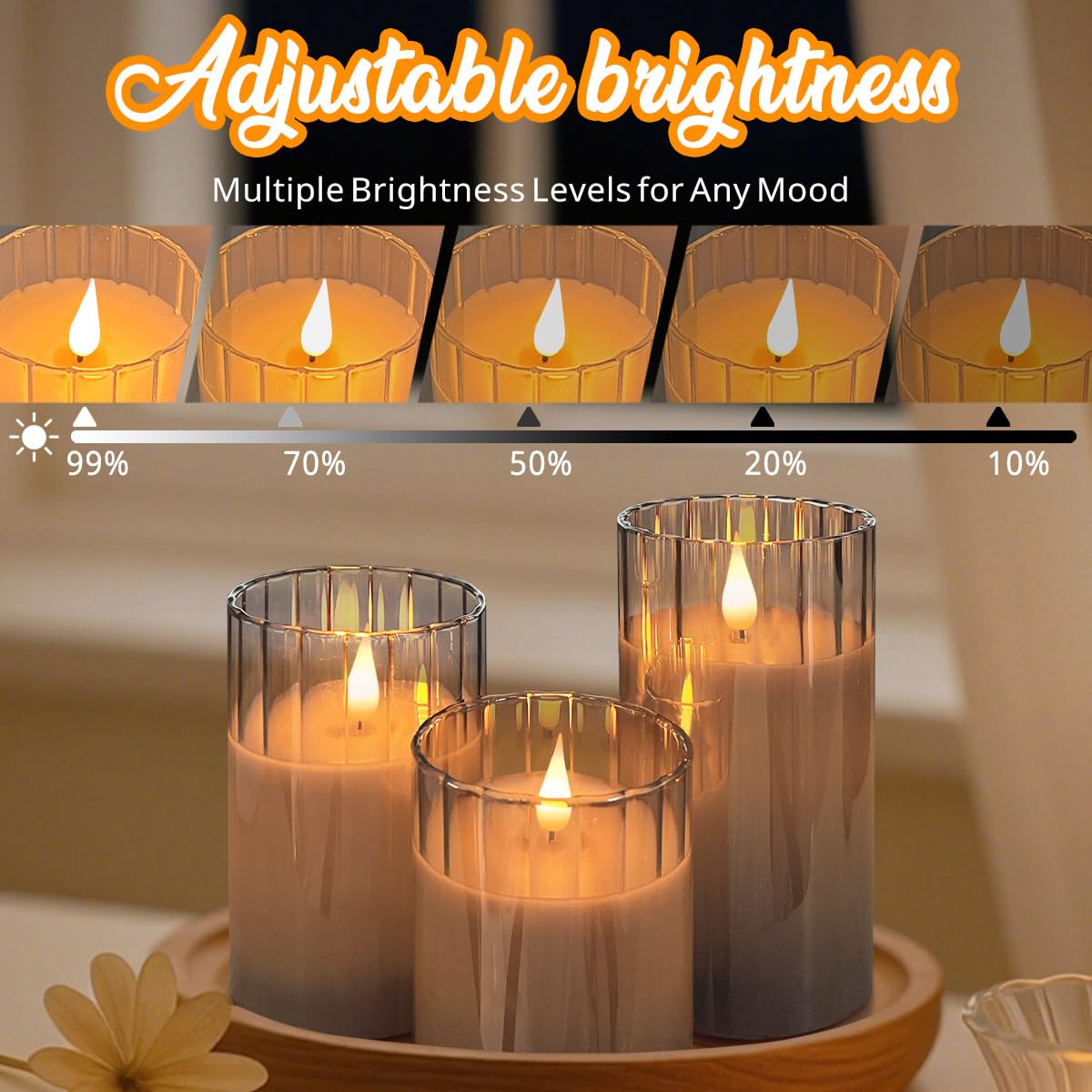 Ledholyt Rechargeable Flameless Candle, Flashing Led Pillar Real Wax Candle With Remote Control And Timer, Grey Stripes Glass El