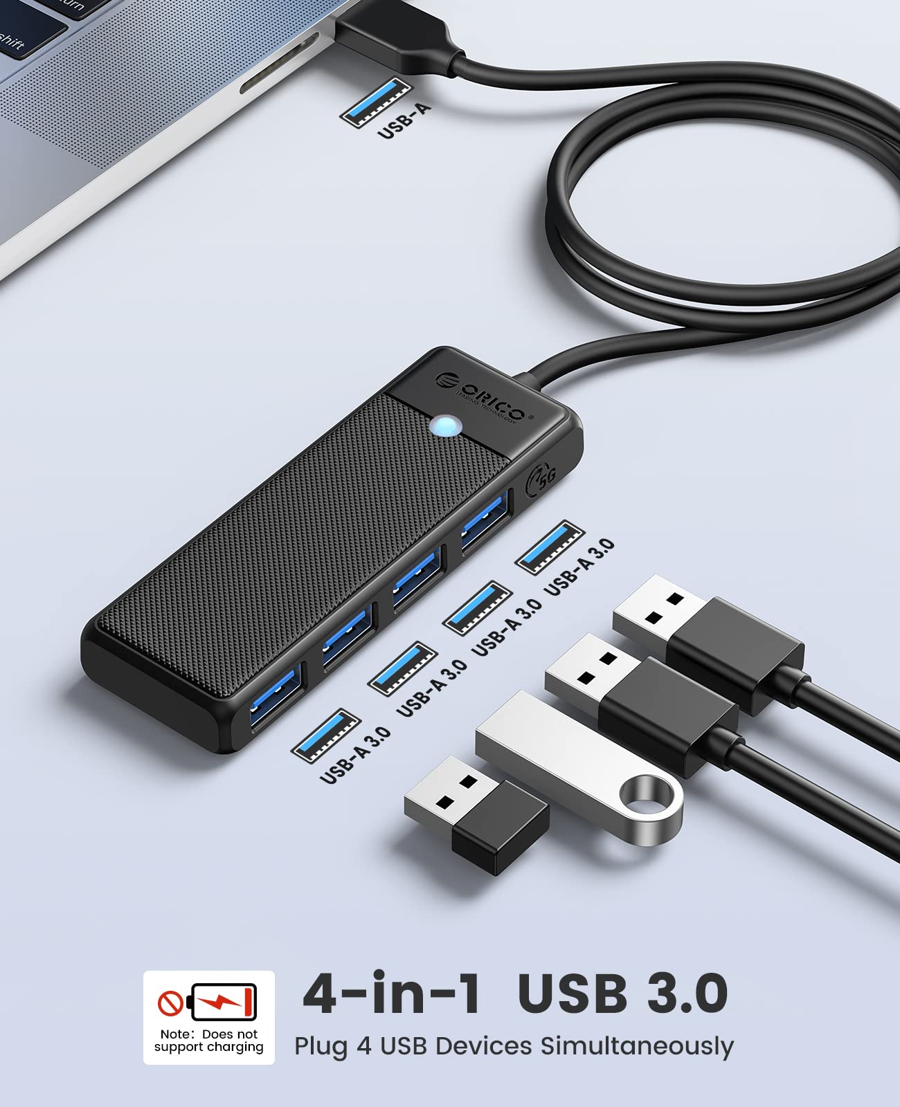 USB 3.0 Hub, ORICO 4 Port USB Hub with 3.3FT Long Cable, Ultra Slim USB Splitter for Laptop for MacBook, Mac Pro, iMac, Surface Pro, XPS, PS5,PC, Flash Drive, Mobile HDD(Black/3.3ft)
