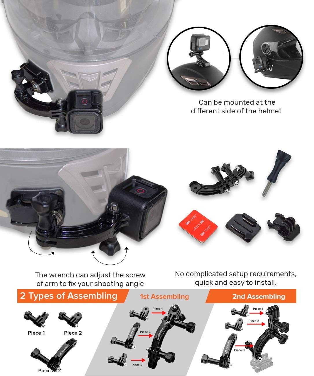 Mipremium Rotary Extension Arm Helmet Mount Set For Gopro Hero 13 12 11 10 9 8 7 6 5 4 Session Black Silver Xiaoyi 4K Sjcam Sports Action Camera Accessories Kit Motorcycle Curved Chin Pivot Connector