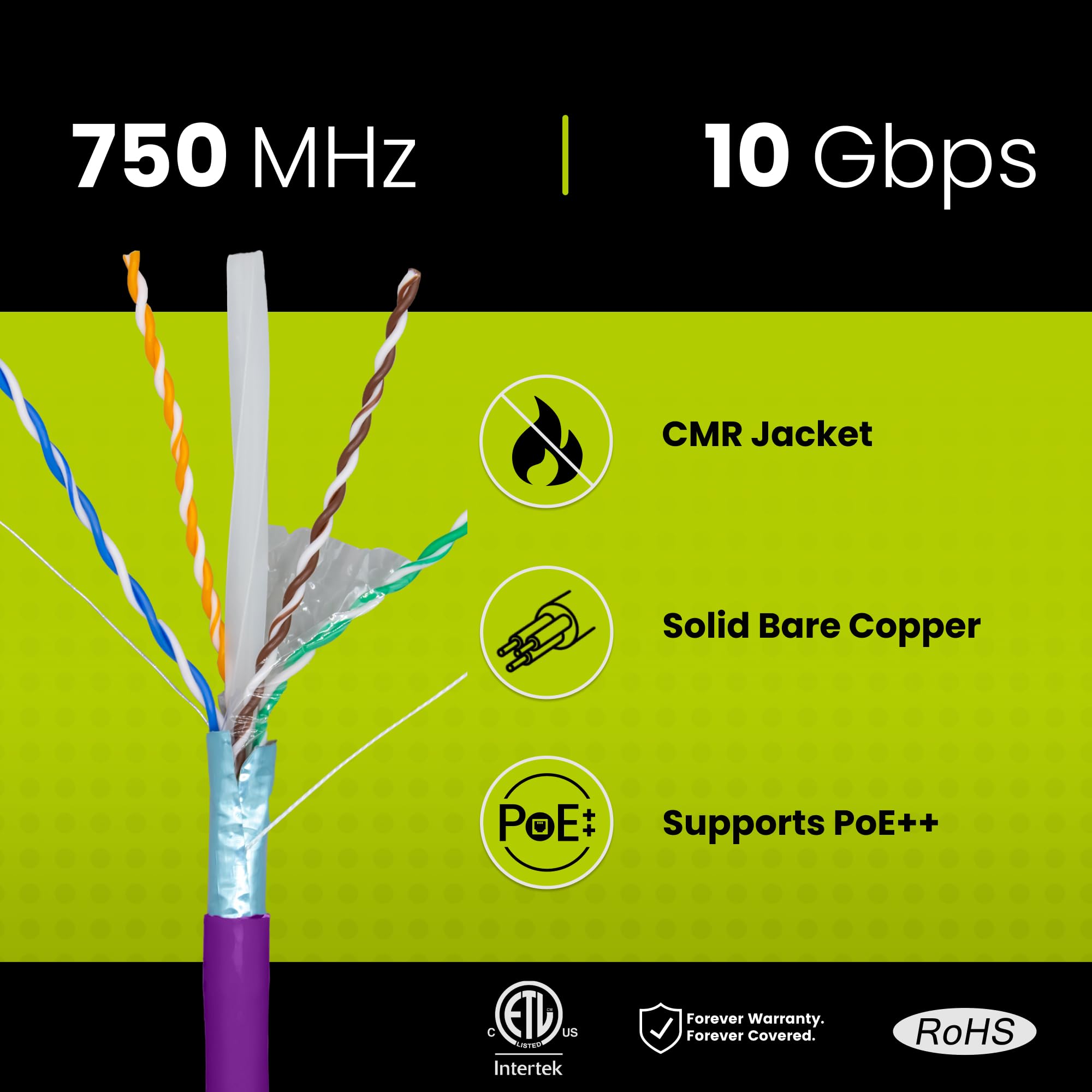 Truecable Cat6A Shielded Riser (Cmr), 1000Ft, Purple, 23Awg Solid Bare Copper, 750Mhz, Poe++ (4Ppoe), Etl Listed, Overall Aluminum Foil Shield (F/Utp), Bulk Ethernet Cable