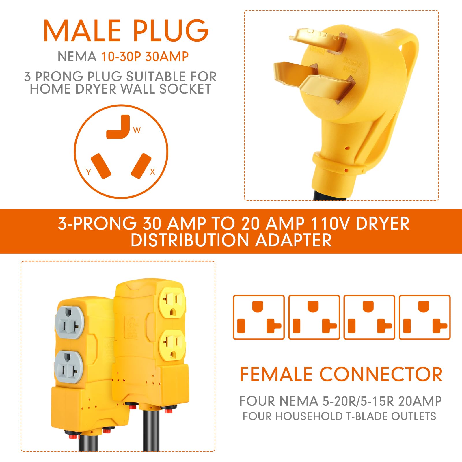 Kanayu 1.8 Ft 30 Amp To 20 Amp 110V Dryer Distribution Adapter Compatible With Nema 10 30P To Nema 4X 5 20R/ 5 15R, 3 Prong Drye