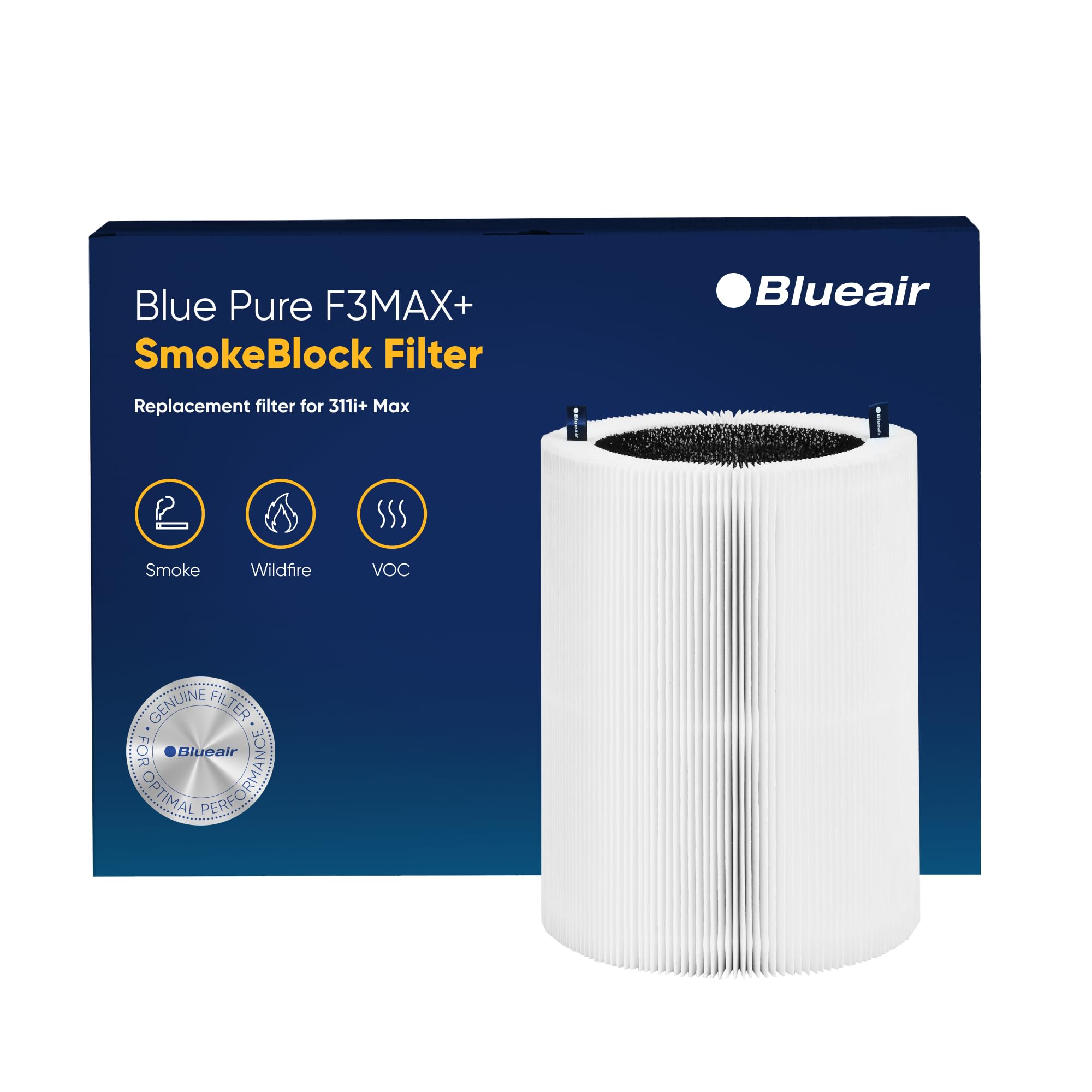Blueair Blue Pure 311I+ Max Smokeblock Genuine Replacement Filter, Extra Carbon Captures 99.99% Of Wildfire Smoke, Fits Blue Pur