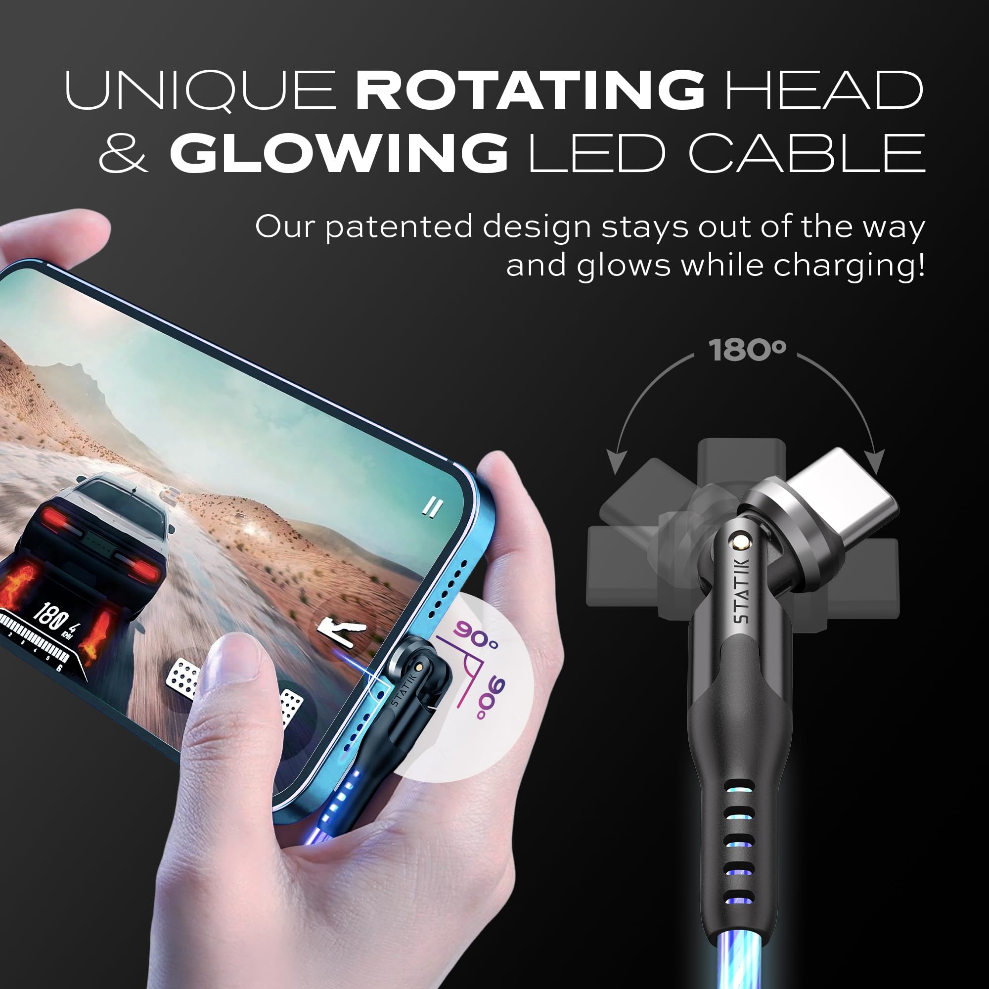 Statik Globright 360 Magnetic Charging Cable, Light Up Charging Cable, Magnetic Usb C Charging Cable, Led Charging Cable, Magnet
