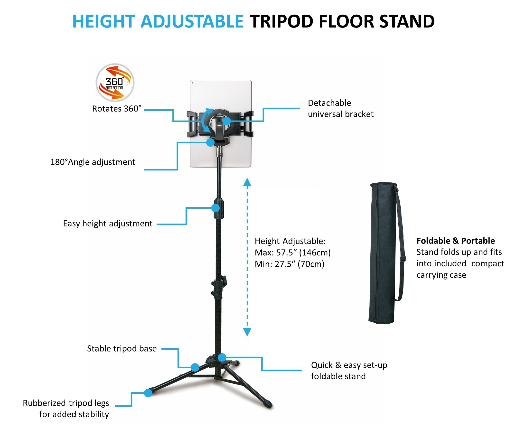 Aidata Us 5009B Viewstand Universal Tablet Tripod Base, Height Adjustable Pole From 70   146Cm (27.6'' To 57.5''), Strong Spring