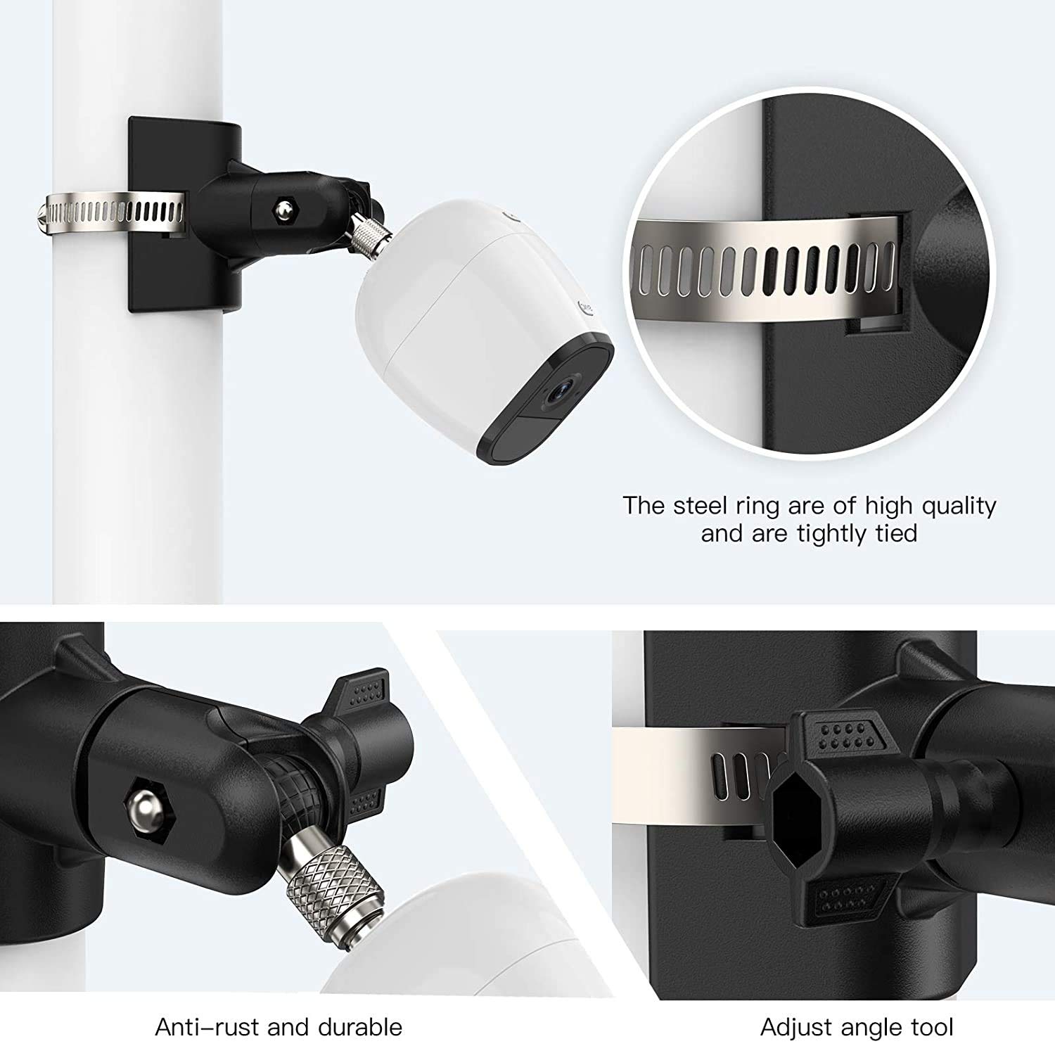 Okemeeo Universal Outdoor Camera Pole Mount For Eufycam 2C Pro/2C/3C/Arlo Pro 5S/Pro 4/Pro 3/Ultra 2/Essential Xl And More 1/4�� Threaded Camera Adjustable Mount No Drill (Black, 2 Pack)