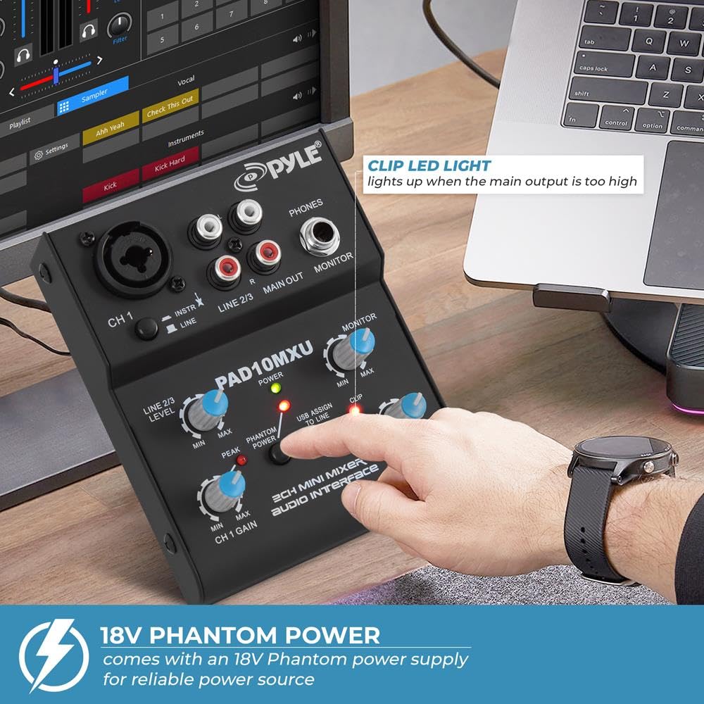 Pyle 2 Channel Audio Mixer   Dj Sound Controller Interface With Usb Soundcard For Pc Recording, Xlr And 3.5Mm Microphone Jack, 1