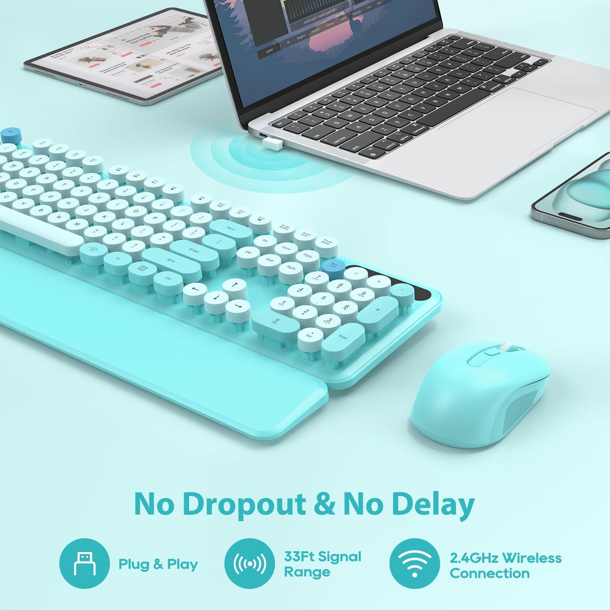 Wireless Keyboard And Mouse Combo, Colorful Keyboard With Round Keycap ...